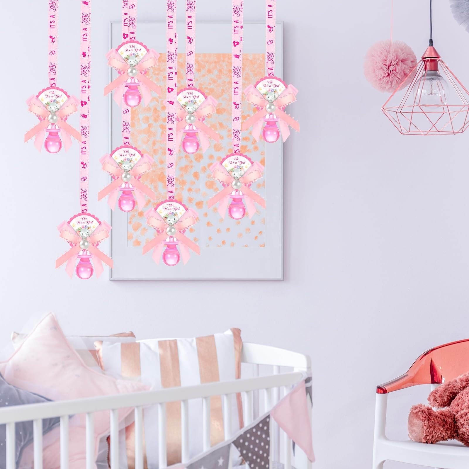 Remuuly 60 pink elephant acrylic pacifier necklace for babies, featuring a cute pink elephant design, ideal for baby shower favors.