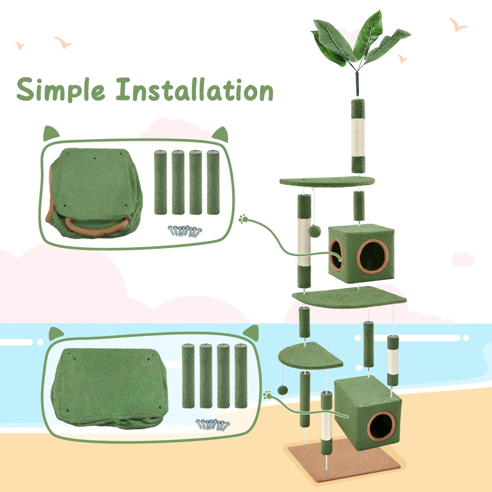 Yaheetech 59-inch green cactus-themed cat tree with double-level condo, palm leaf design, providing climbing and lounging space for cats.