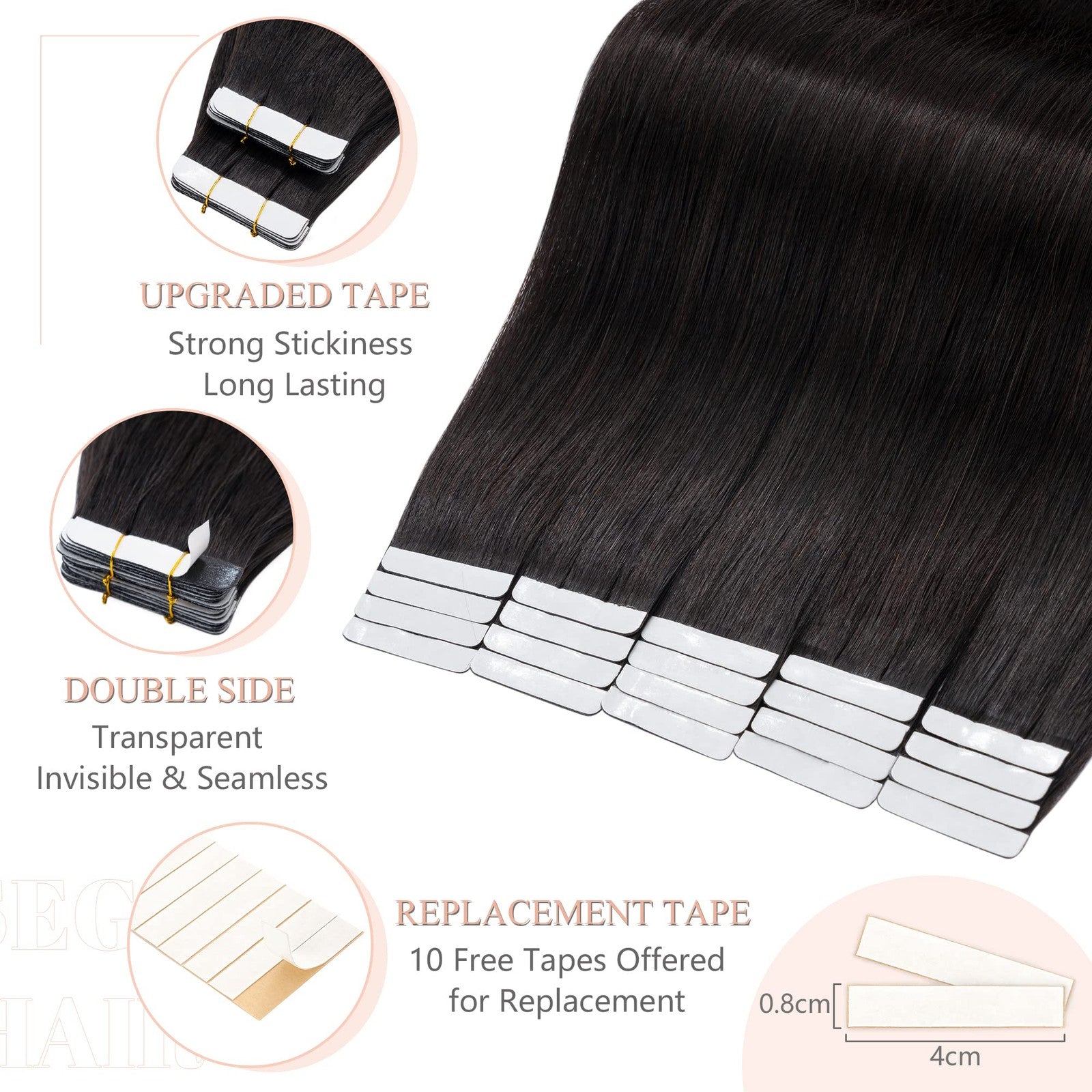 Set of 20 black human hair Sego tape-in extensions, 22 inches long, Remy hair for natural, seamless styling.