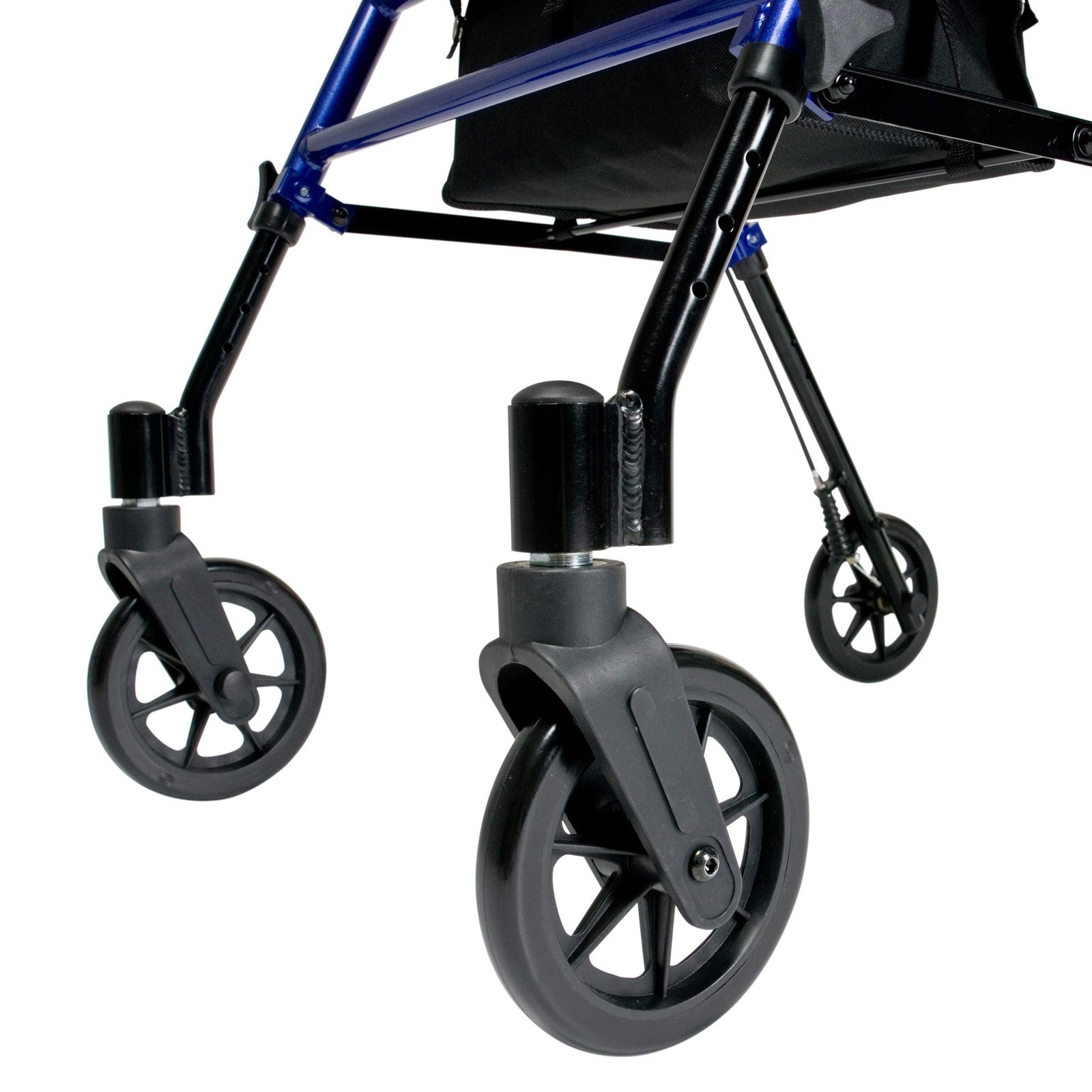Height-adjustable Lumex Set N Go Rollator with four wheels, padded seat, and ergonomic handles for easy mobility and support.