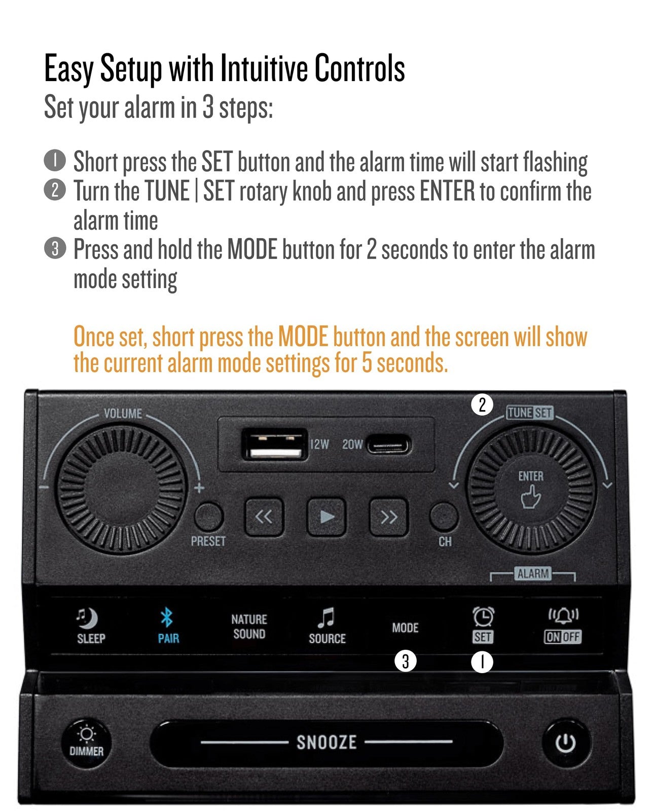 Soundfreaq Sound Rise II bedside alarm clock radio with Bluetooth speaker, digital display, and control buttons on top.