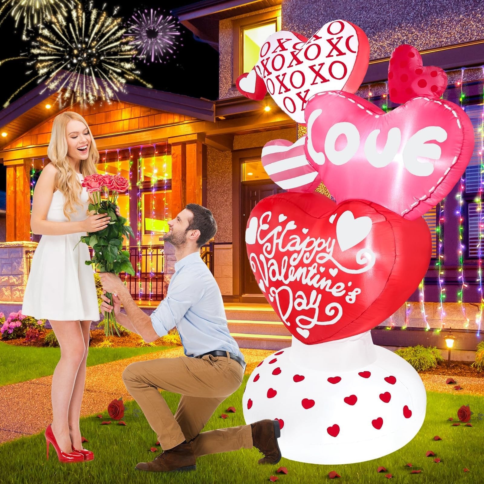Wabolay 6ft inflatable Valentine love heart decoration outdoors, featuring a giant red heart with white accents and festive design.