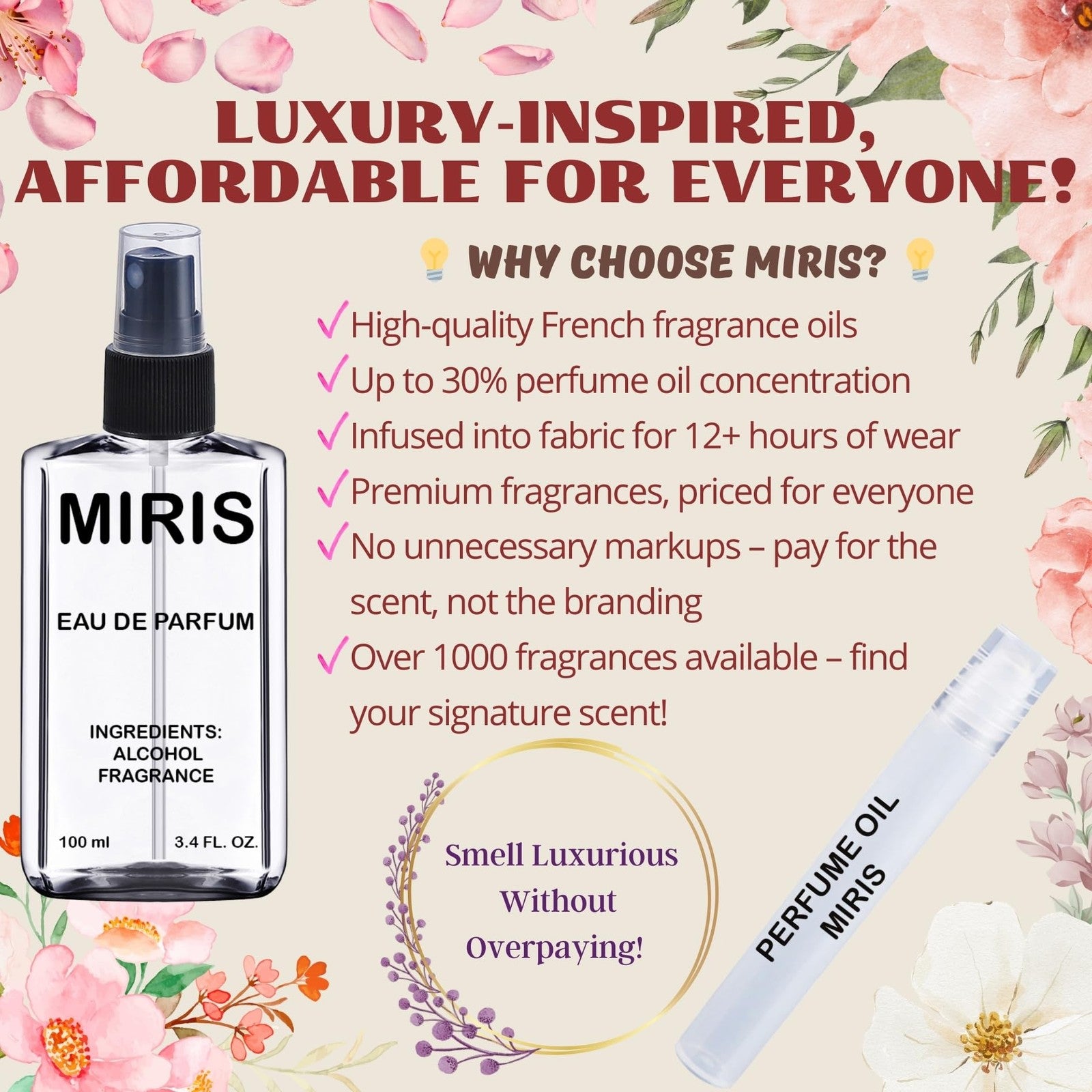 MIRIS Black Opium inspired women’s EDP perfume bottle, 3.4 fl oz, with sleek black and gold design, long-lasting fragrance.