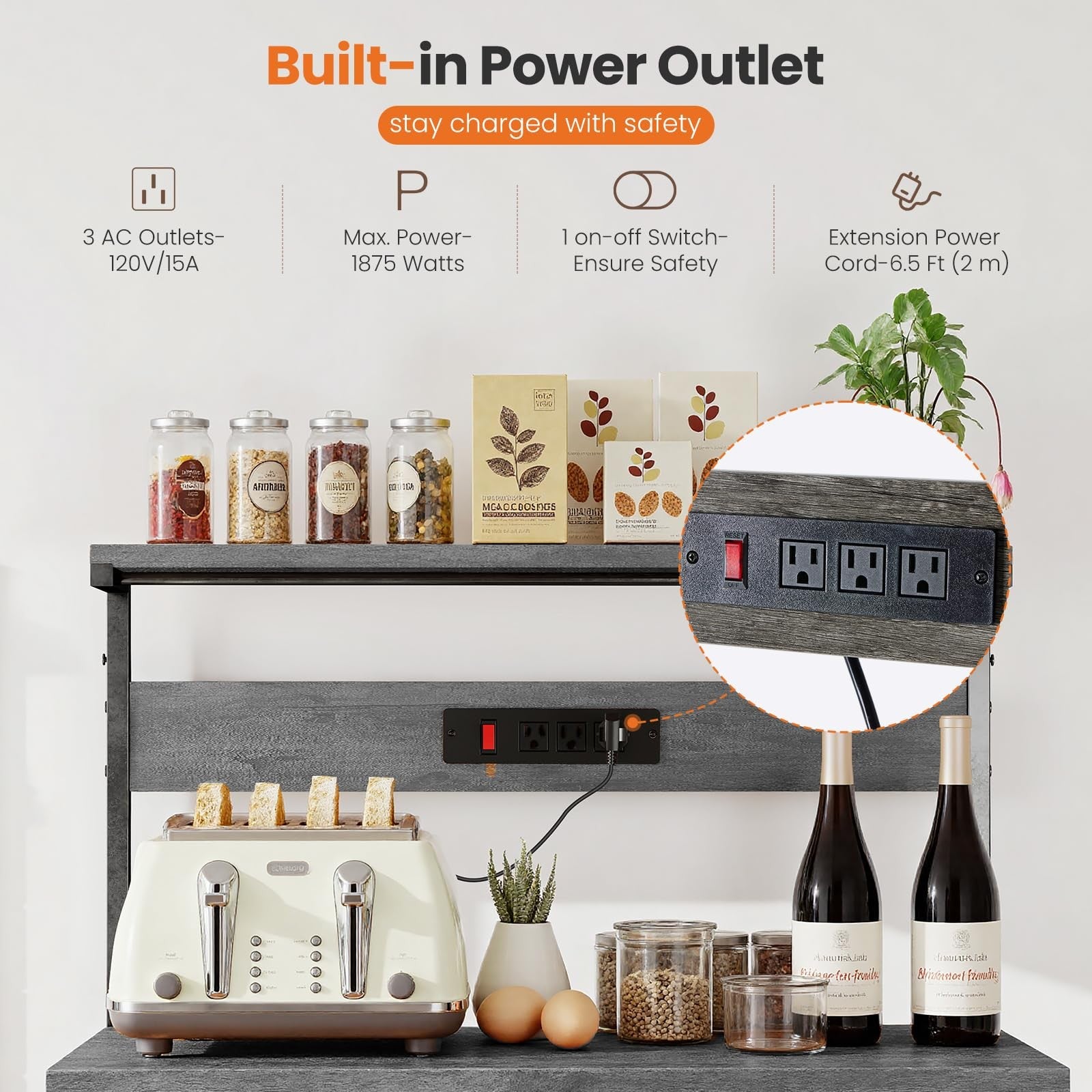 Sweetcrispy kitchen bakers rack with power outlet, 4-tier coffee bar table featuring microwave space and storage shelves.