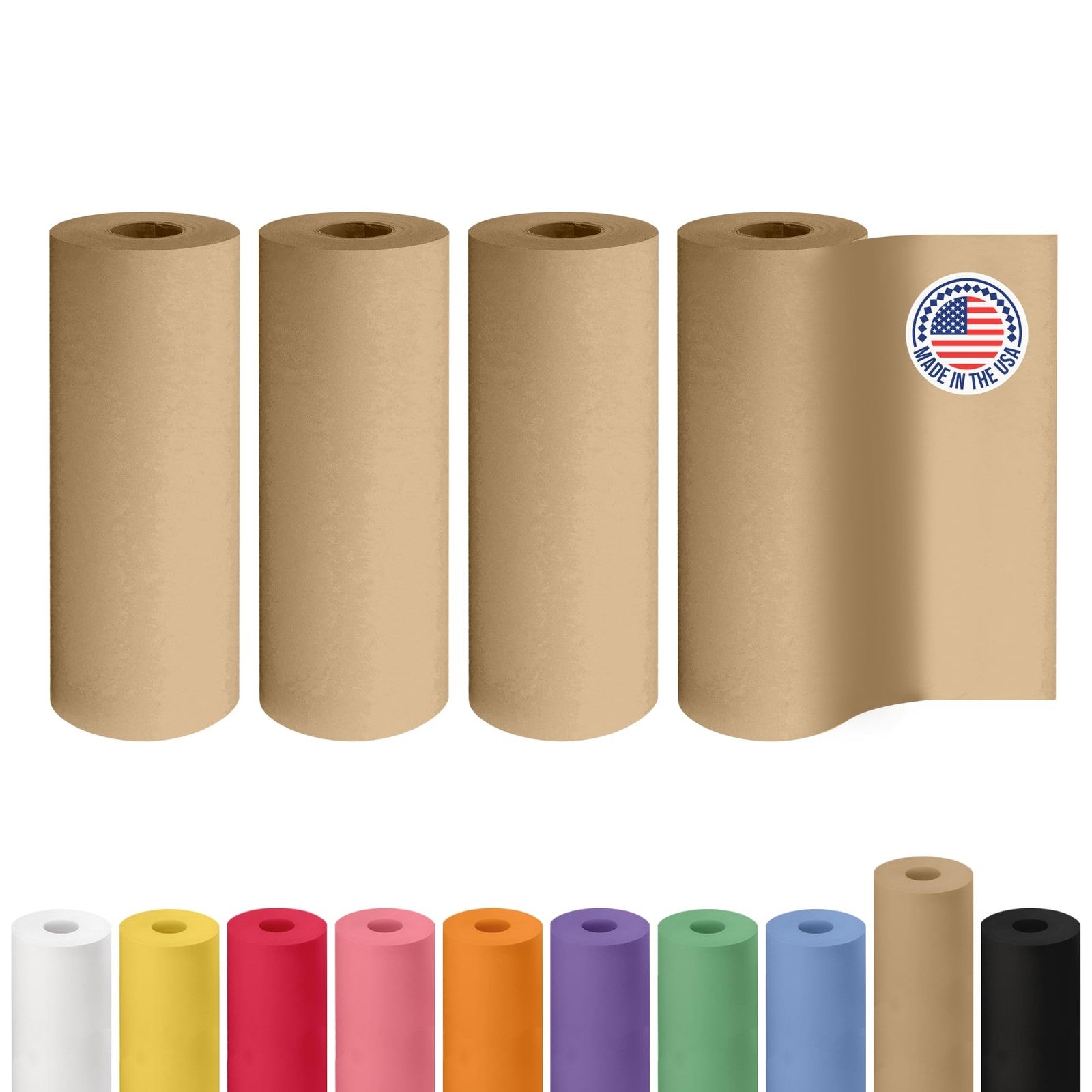 IDl Packaging 4-pack of 9x2160 brown Kraft paper rolls for gift wrapping and kids arts projects, showing textured kraft paper rolls.