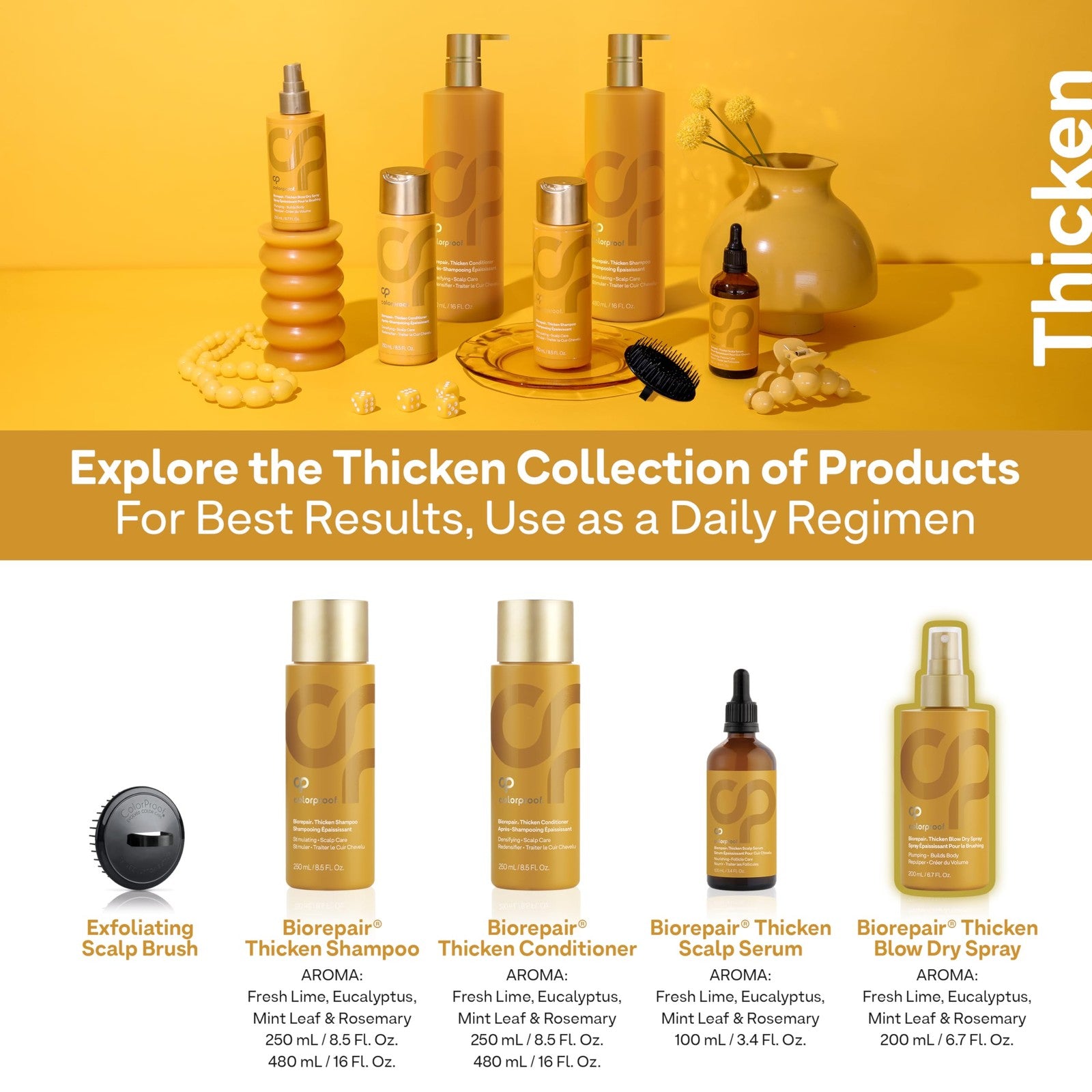 ColorProof Biorepair Thicken Blow Dry Spray for volumizing hair, 6.7oz, with a spray bottle and thickened hair in the image.