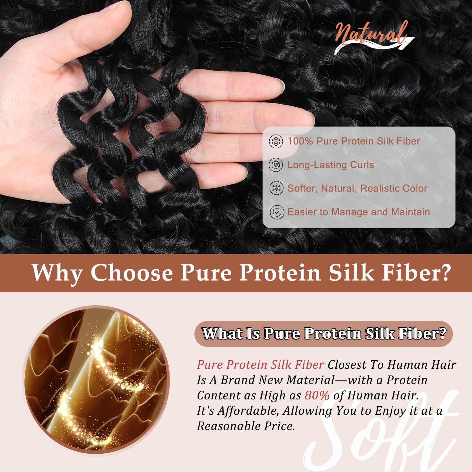 AIBEO 120 strands of curly crochet hair made from pure protein fiber resembling natural human hair, styled in tight curls.