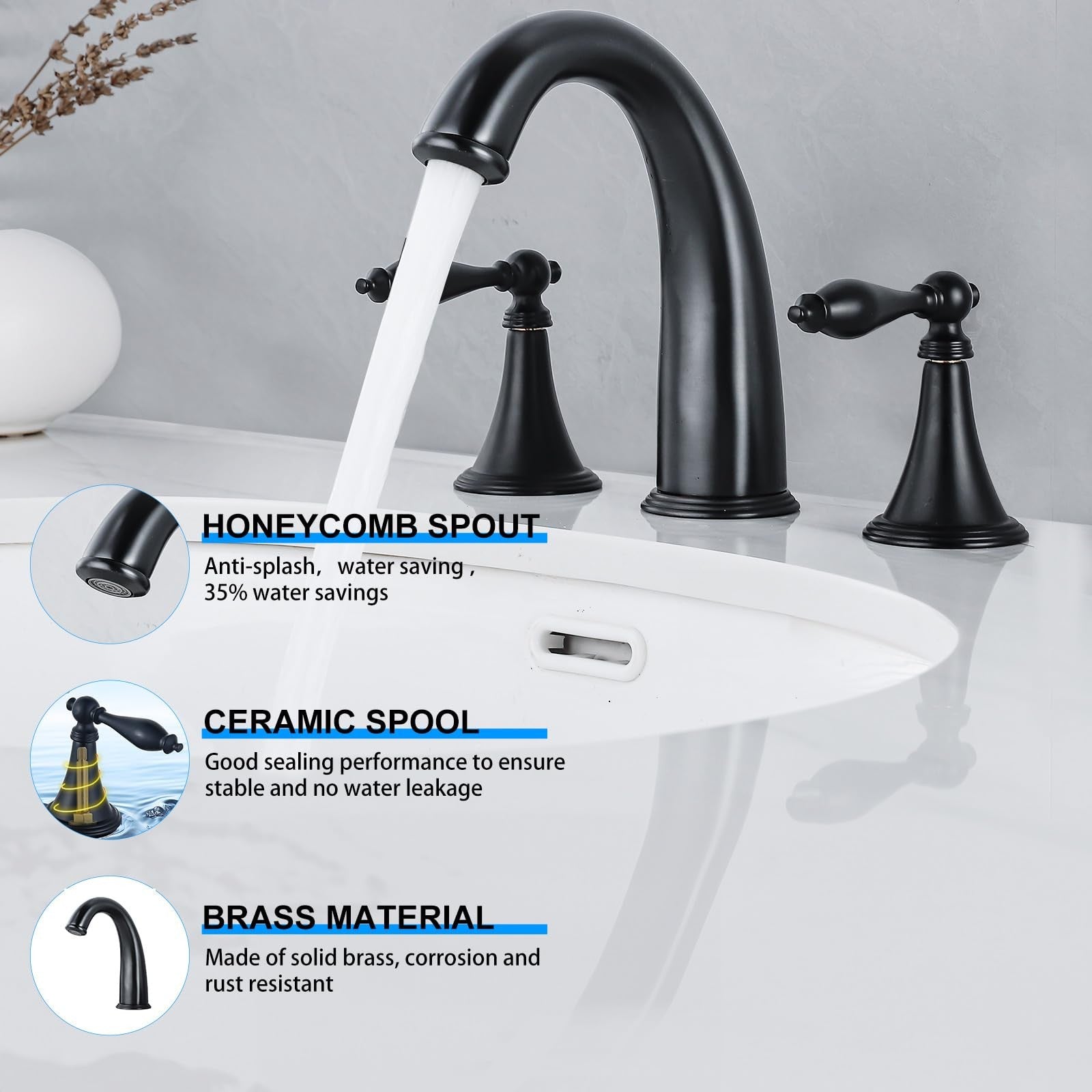 SaniteModar black brass bathroom sink faucet with widespread design, modern style for bathroom sink installation.