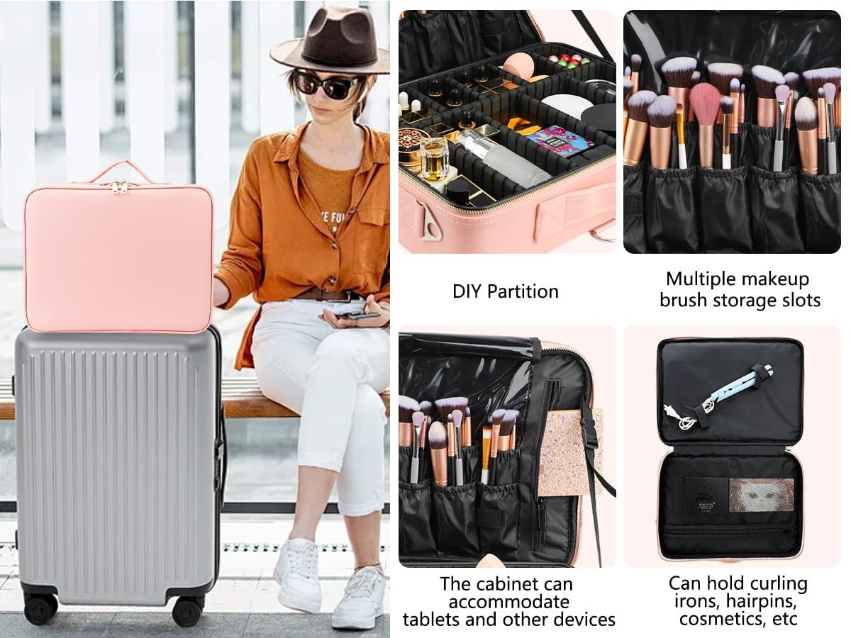 Gzcz large capacity travel makeup case organizer with multiple compartments for cosmetics and beauty tools.