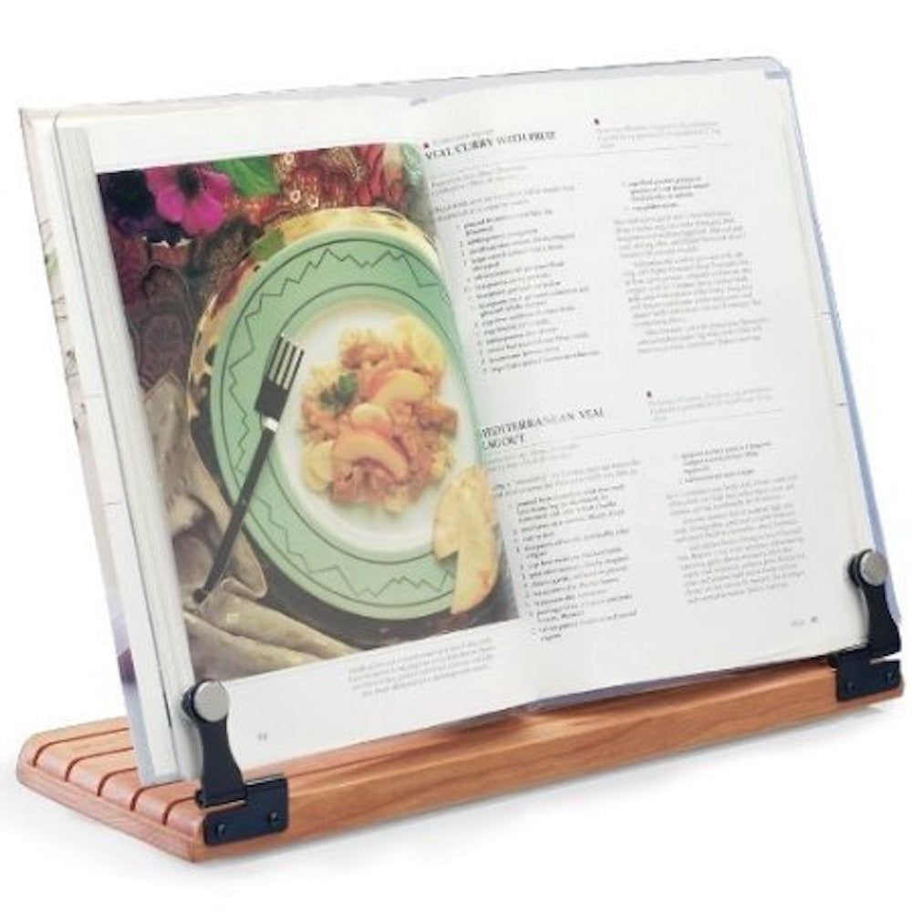 Clear Solutions Deluxe large acrylic cookbook holder with cherry wood base, designed to hold and display large cookbooks securely.