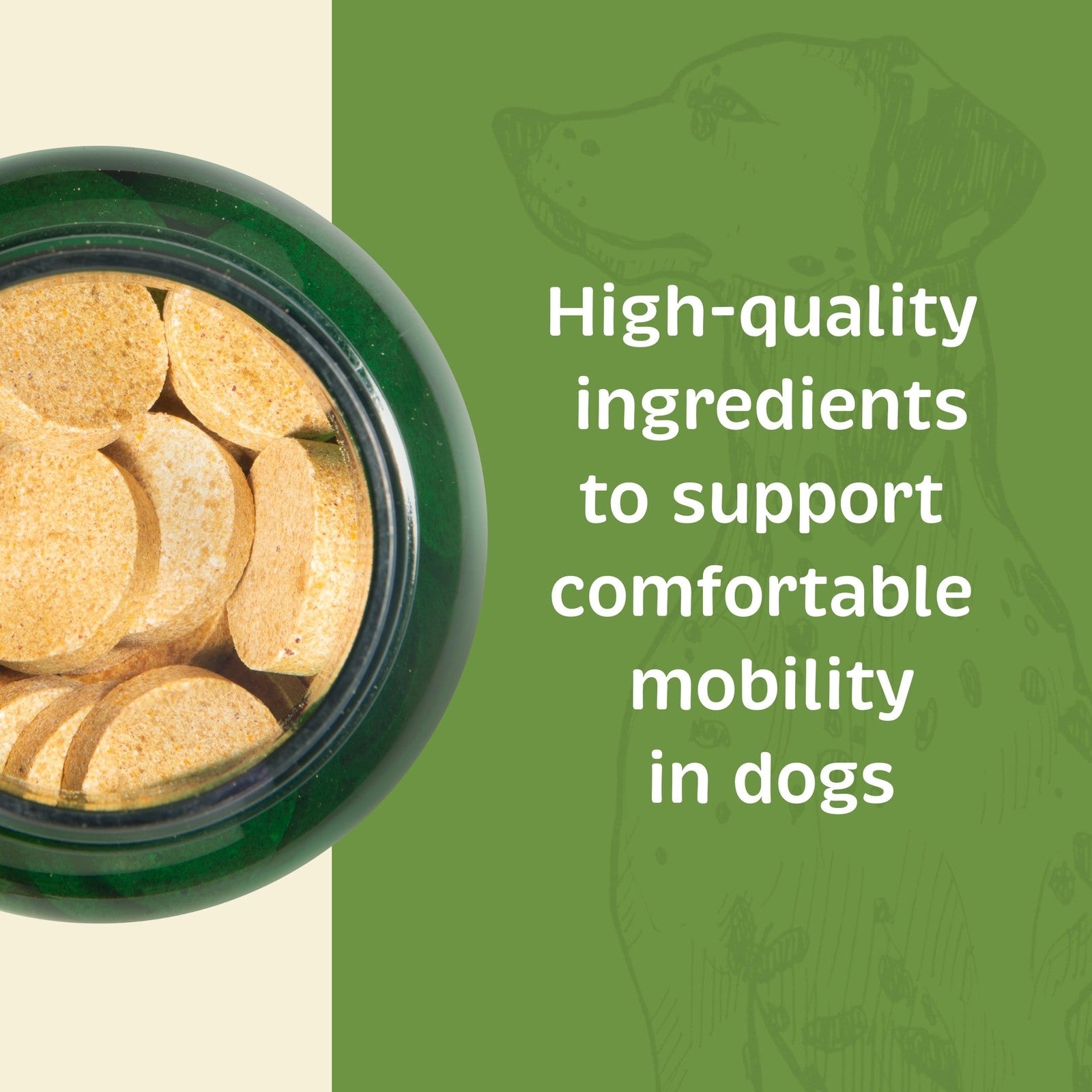 Spirited Paw Joint and Mobility supplement for dogs, featuring glucosamine, chondroitin, and turmeric, in a chewable tablet form.
