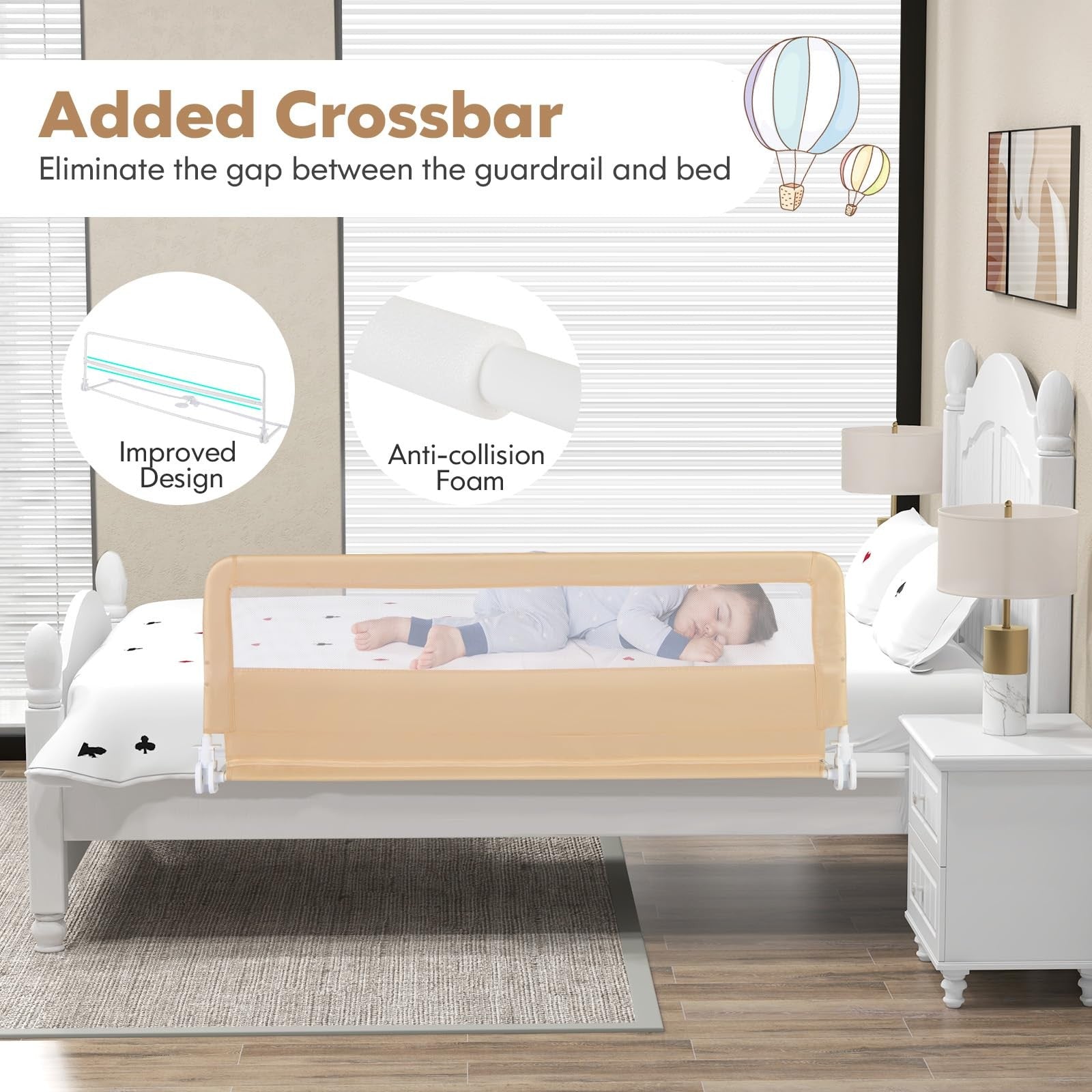 Baby Joy toddler bed rails with 59-inch long swing-down guard, safety features for secure sleep in a child’s bed.