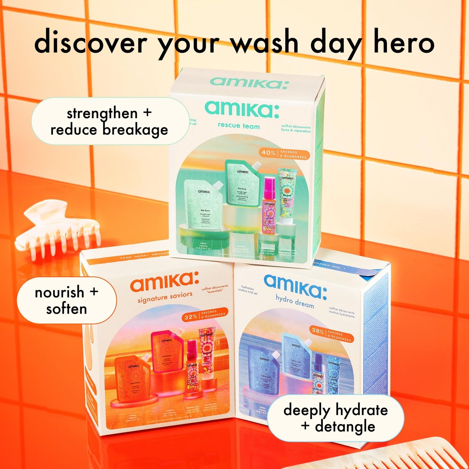 Amika Rescue Team Hair Routine Trial Set including shampoo, conditioner, and treatment bottles on a white background.