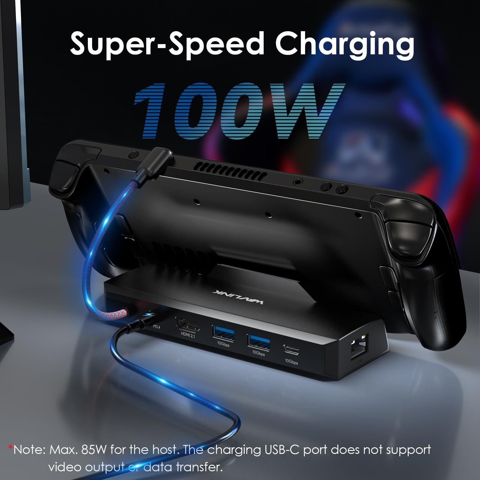 WAVLINK 6-in-1 Steam Deck docking station with 4K HDMI, USB ports, 100W PD, and high-refresh-rate support for gaming and connectivity