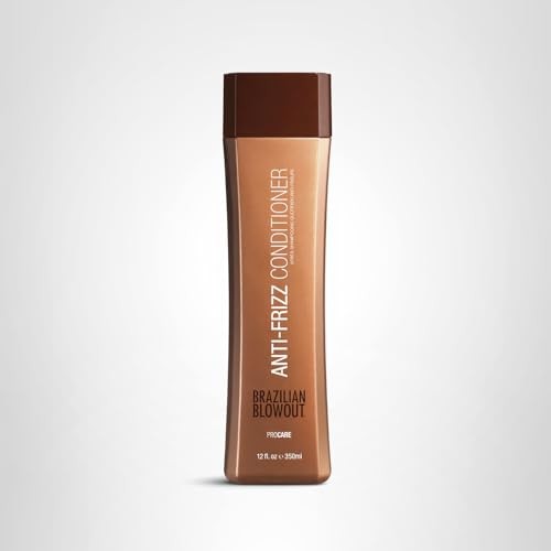 Brazilian Blowout Anti-Frizz Conditioner in 12 fl oz bottle with smooth, shiny hair on a salon background