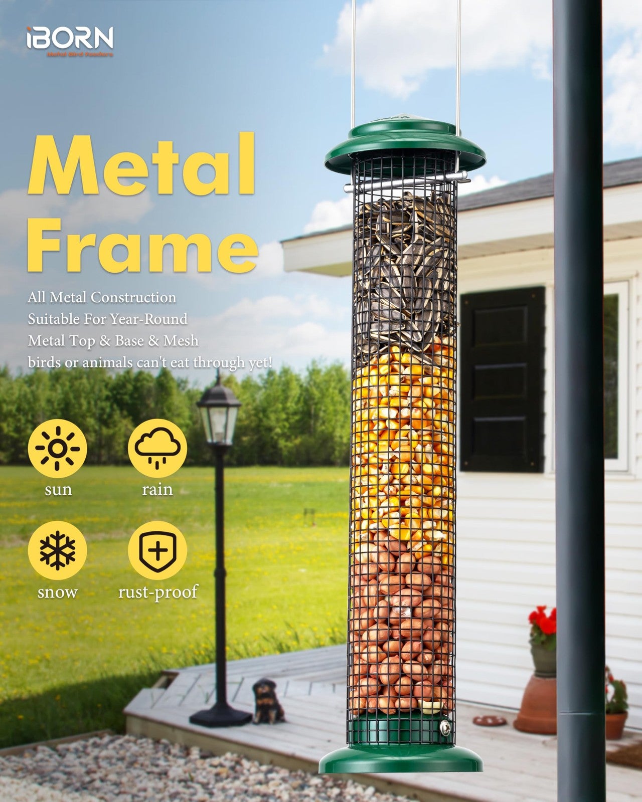 iBorn 14-inch metal mesh bird feeder for outdoors, designed for peanuts and sunflower seeds, ideal for attracting songbirds.