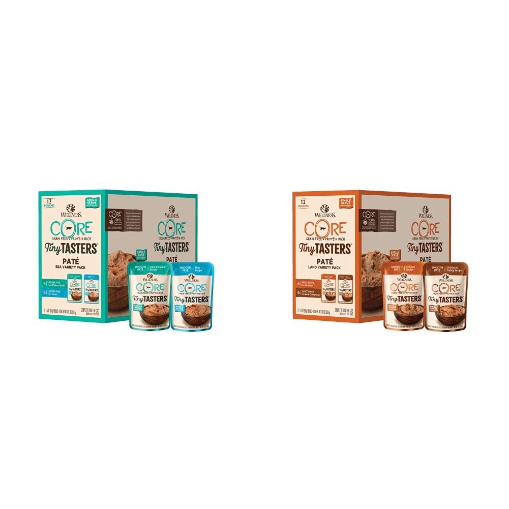 Wellness CORE Tiny Tasters wet cat food pate seafood and poultry variety pack with 10 small cans for cats.