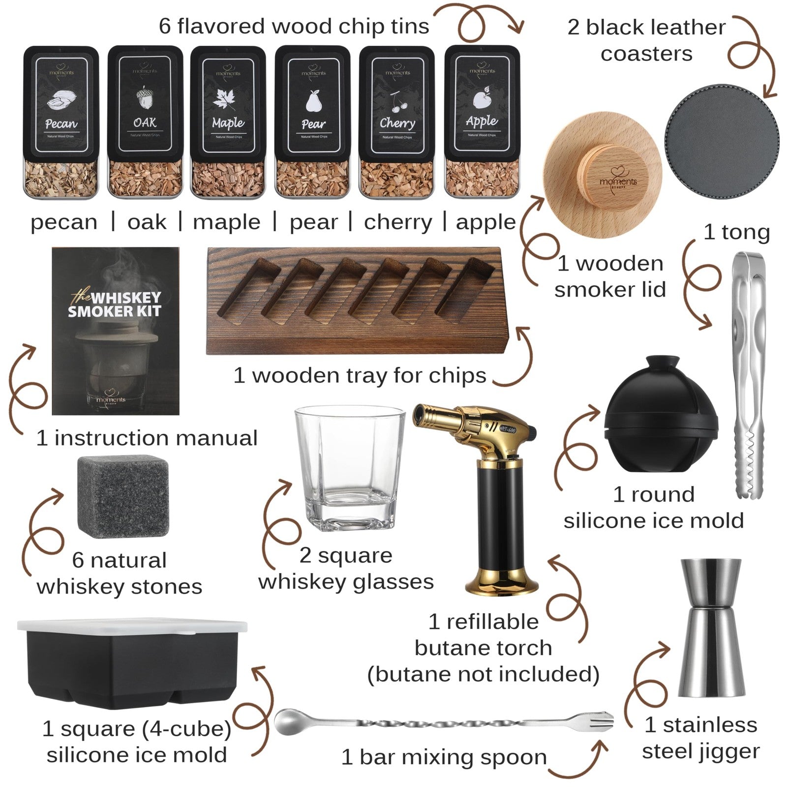 Moments by Keff Premium Whiskey Smoker Kit with wooden lid and torch for smoking spirits and cocktails.