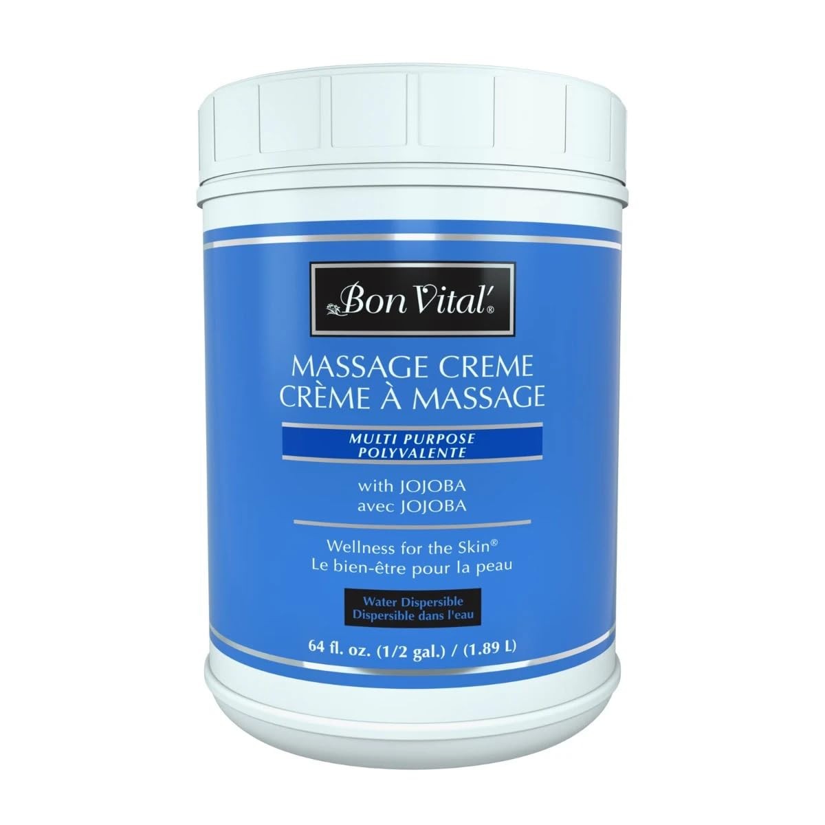 Bon Vital' multi-purpose massage crème with aloe vera, professional massage cream in a jar, smooth and moisturizing for therapeutic use.