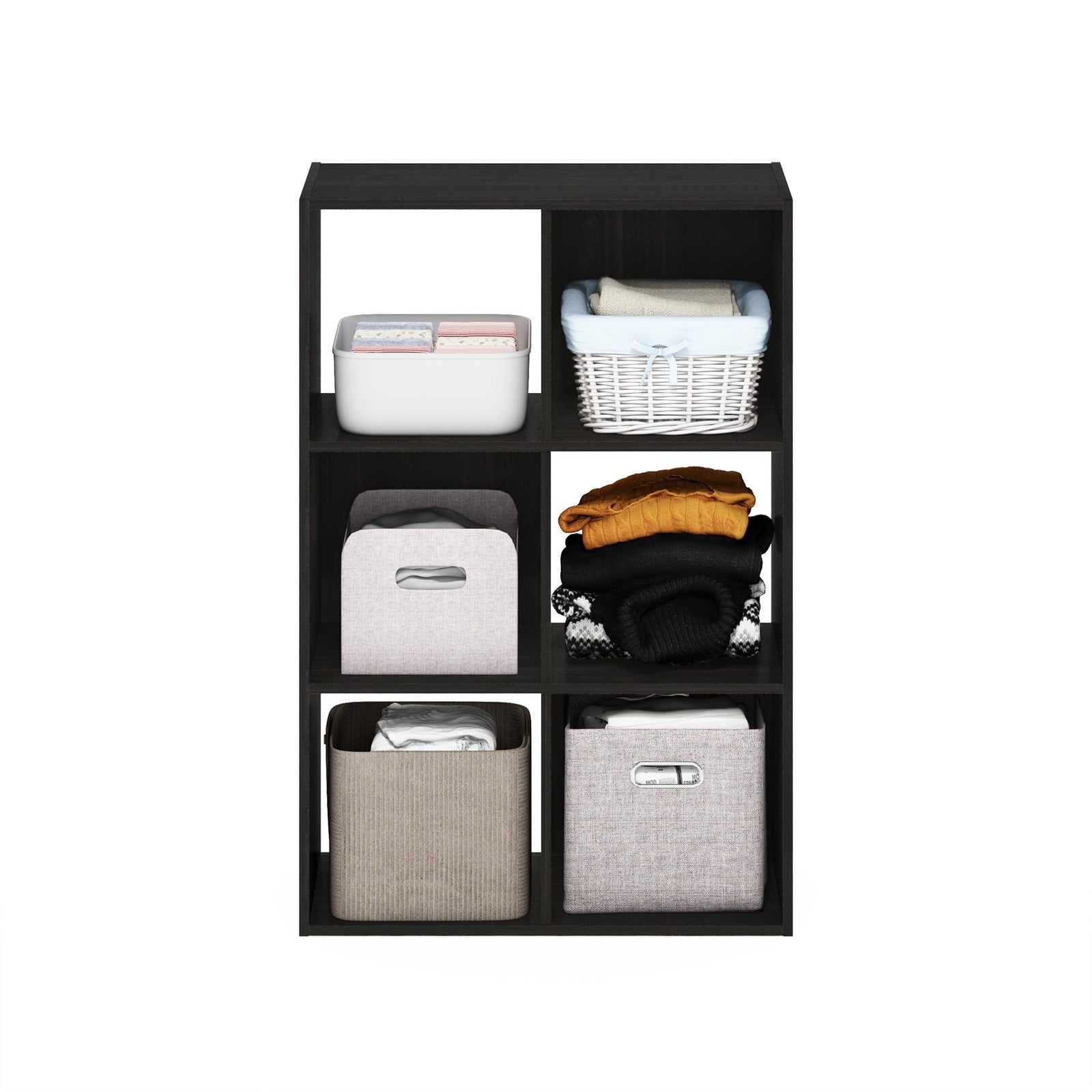 Furinno PELLI 6-cube open shelf closet organizer with storage compartments for organizing clothes and accessories.
