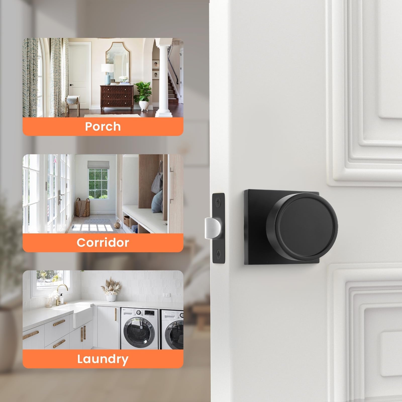 Haidms black passage door knob set with heavy-duty round matte black interior handle and no key, used for interior doors.