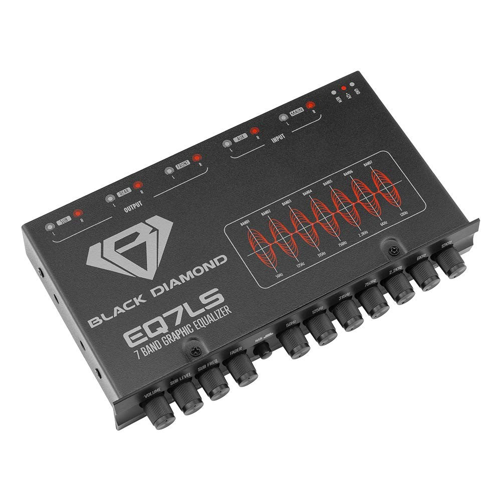 Black Diamond EQ7LS 7-band stereo equalizer and crossover preamp for car audio, with dials and controls visible on the device.