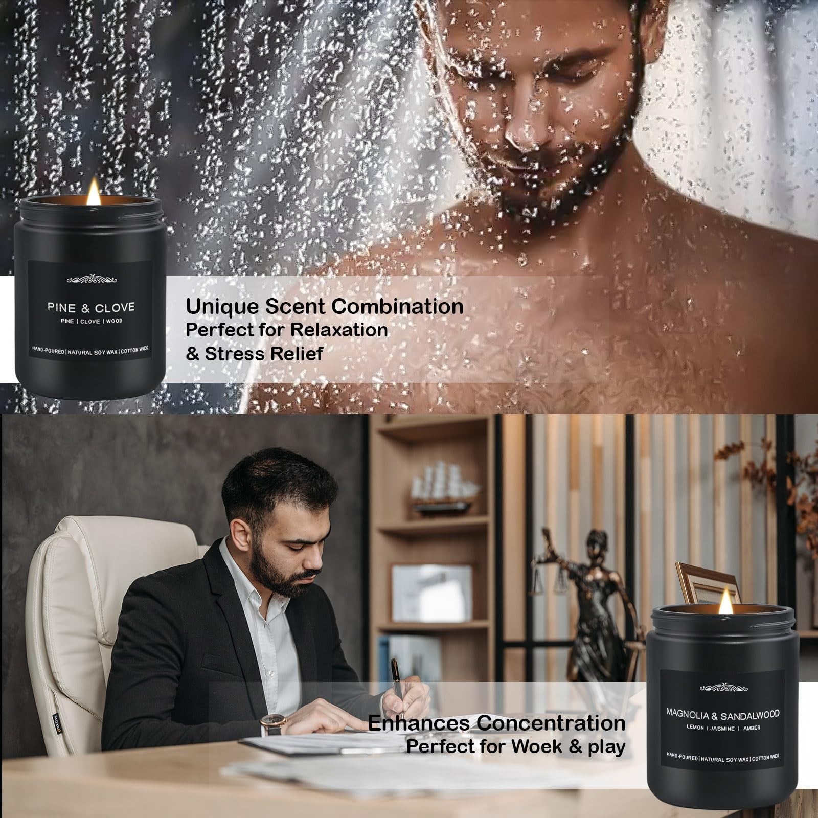 Men's candle gift set by Inayou featuring 28oz soy wax candles with masculine scent and up to 200 hours of burn time.