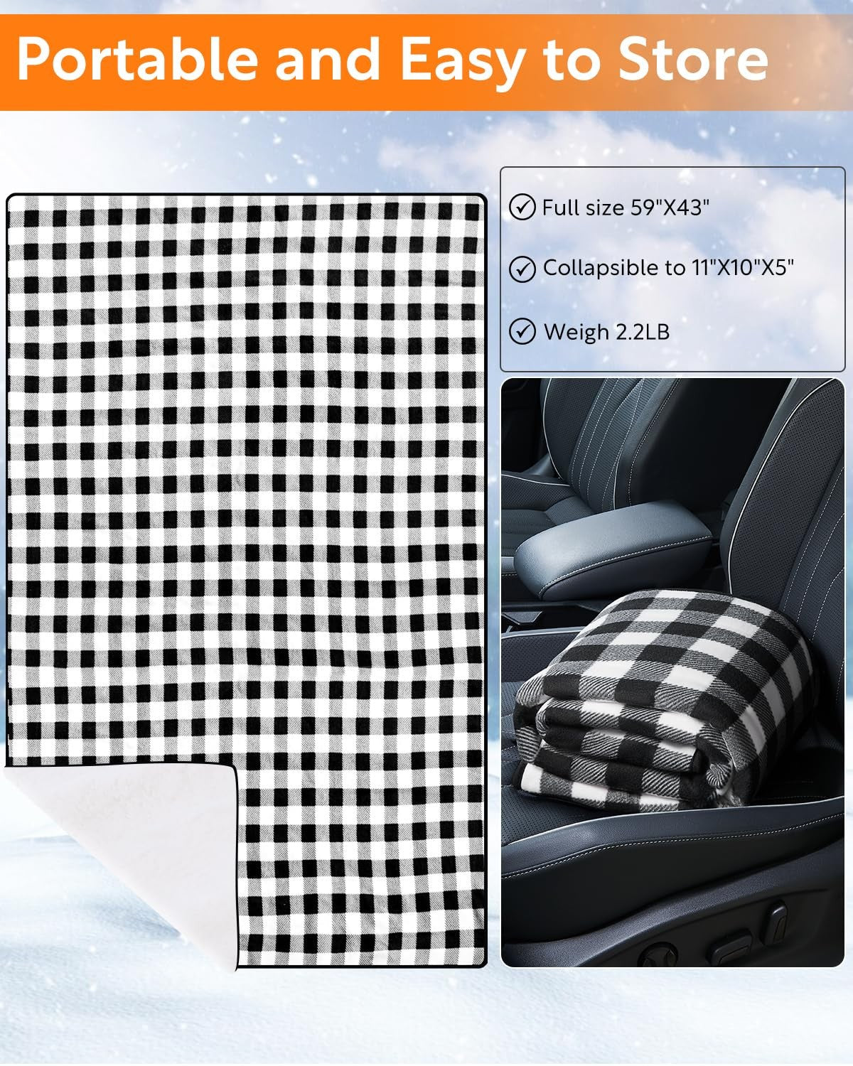 Sino Salected heated car blanket plugged into 12V car outlet, portable electric blanket for warmth during travel.