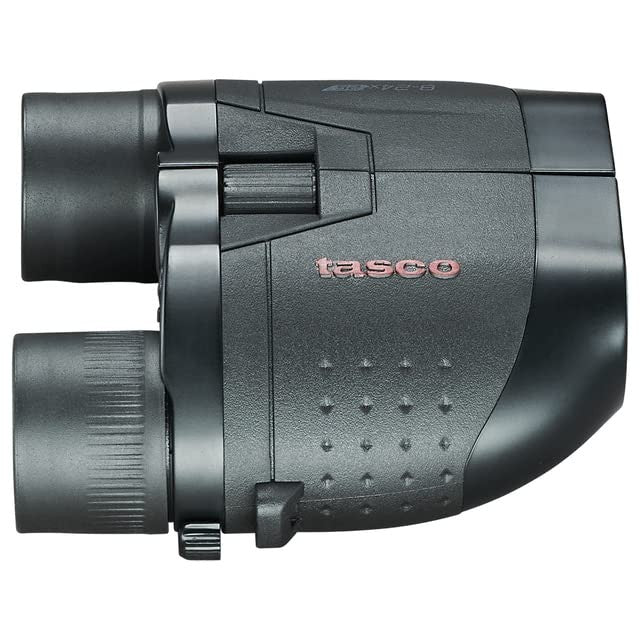 TASCO Essentials 8-24x25 binoculars with compact black body, adjustable zoom lens, and textured grip for outdoor use.
