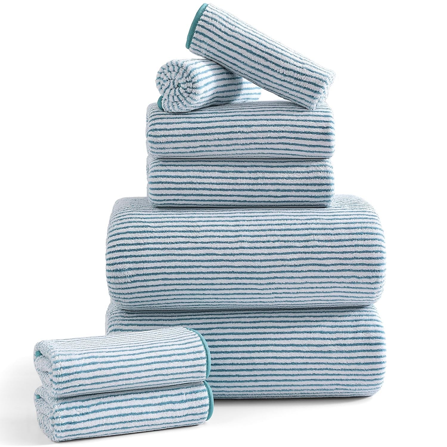 Jessy Home 8-piece bathroom towel set with two large bath sheets and two hand towels, soft and absorbent for everyday use.
