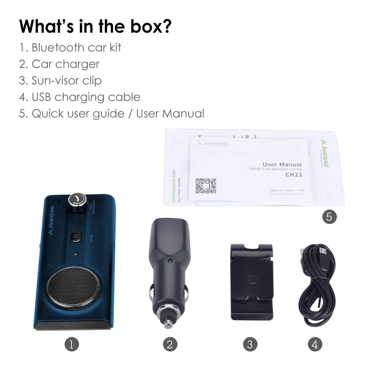 Avantree CK11 Bluetooth 5.0 car kit with 3W loud speakerphone and hands-free cell phone connection, shown in the image.