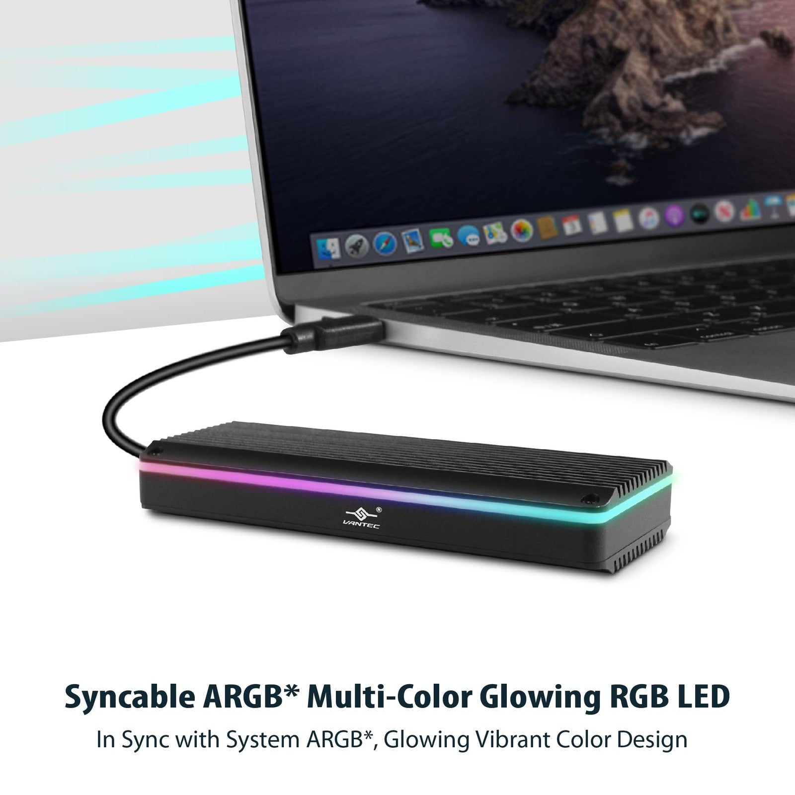 Vantec M.2 NVMe SSD to USB 3.1 Gen 2 Type C RGB enclosure in black, showing the portable SSD case with RGB lighting.