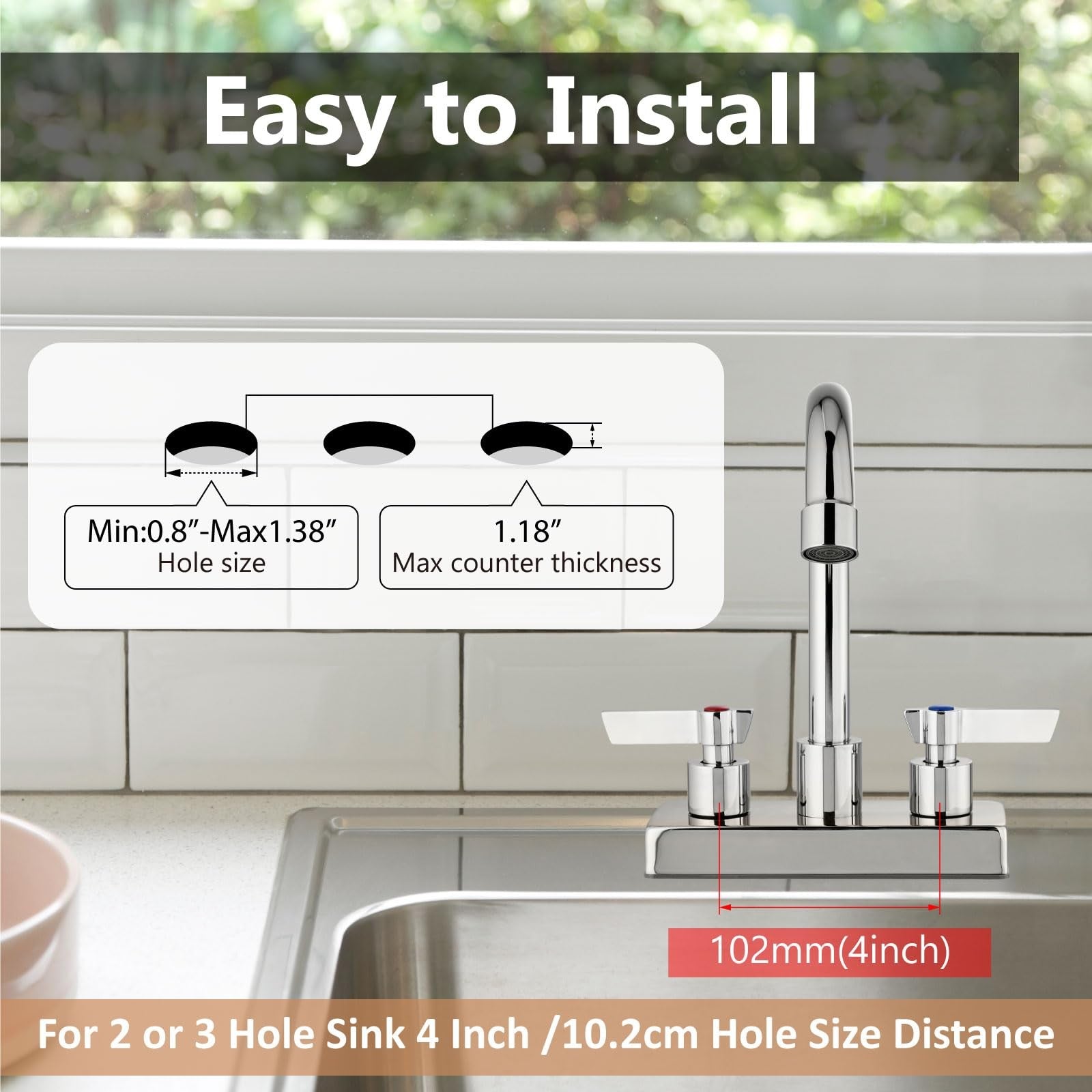 GBBNE 4-inch center deck mount bar sink faucet with two-handle design and modern chrome finish.