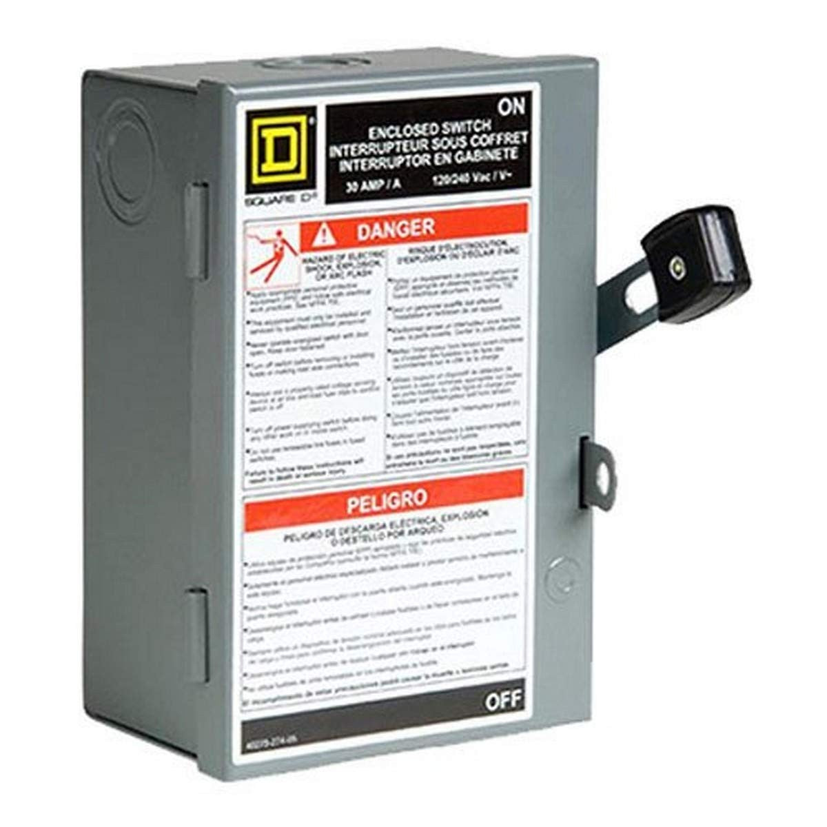 Square D Schneider Electric L211N 30A two-pole indoor light-duty fusible safety switch with black and silver design.