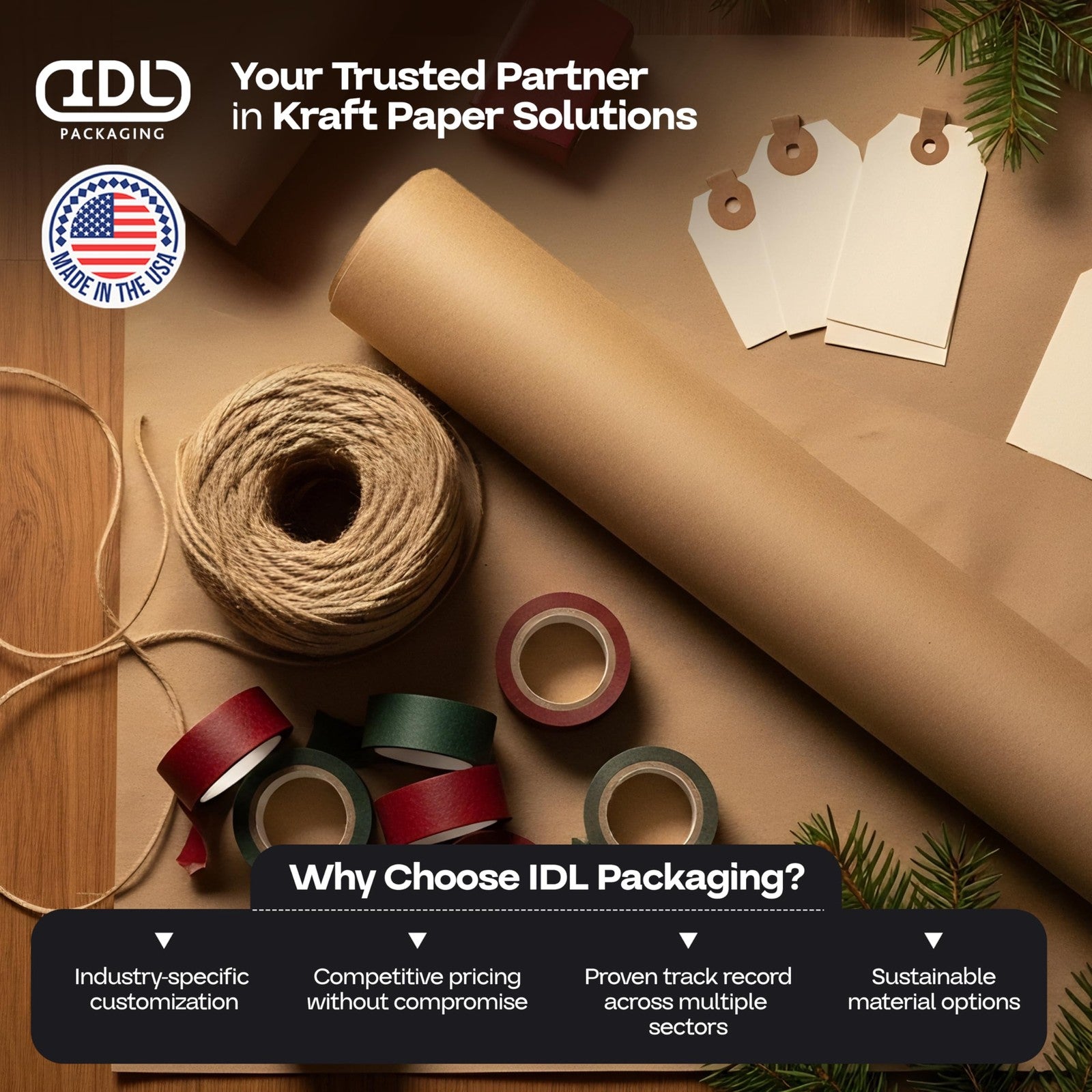 IDL Packaging 4-pack brown kraft paper rolls, 9x2160 inches, ideal for gift wrapping, crafts, and kids' art projects.