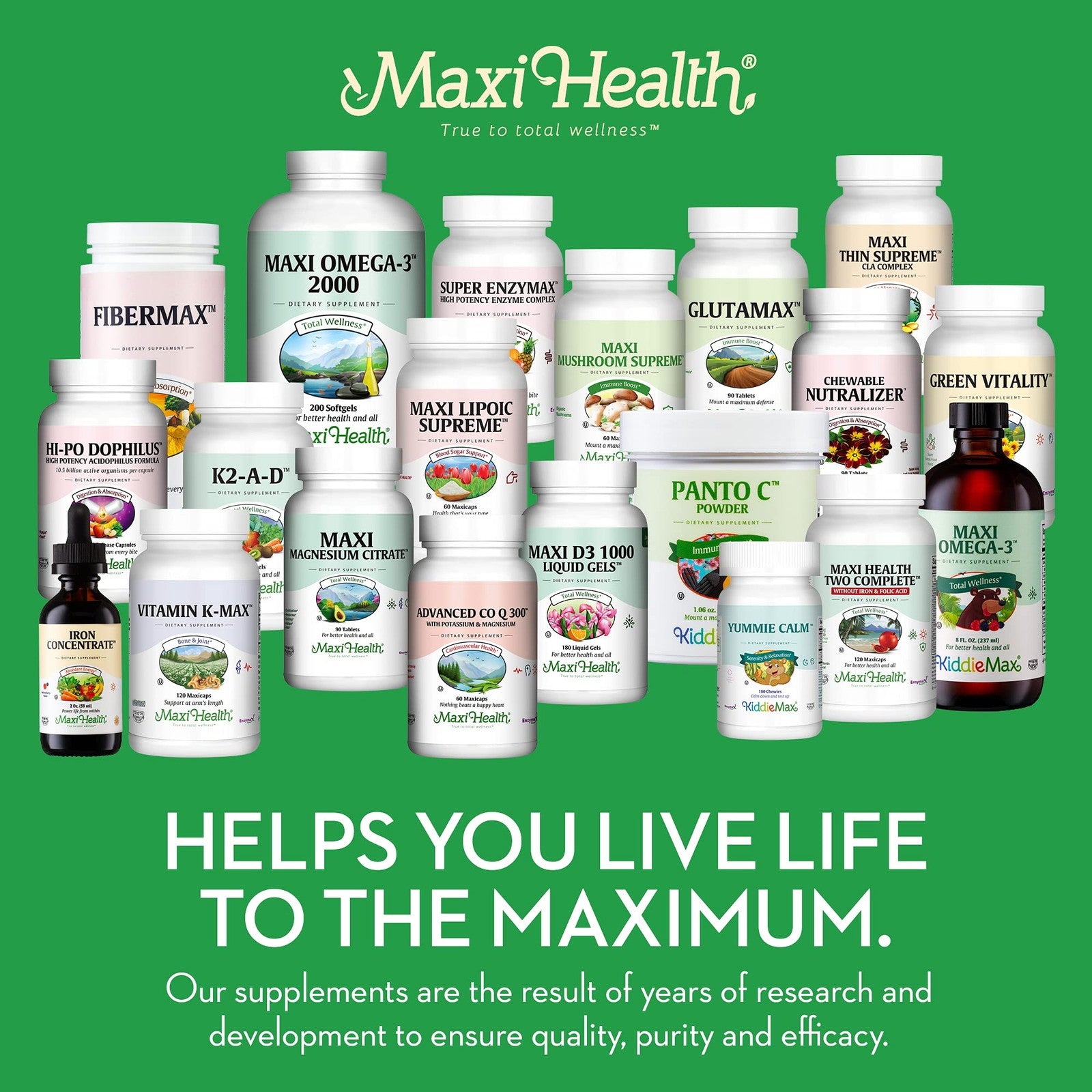 Maxi Health prenatal vitamins for women, one daily supplement with iron and folate, shown in a clear bottle with tablets inside.