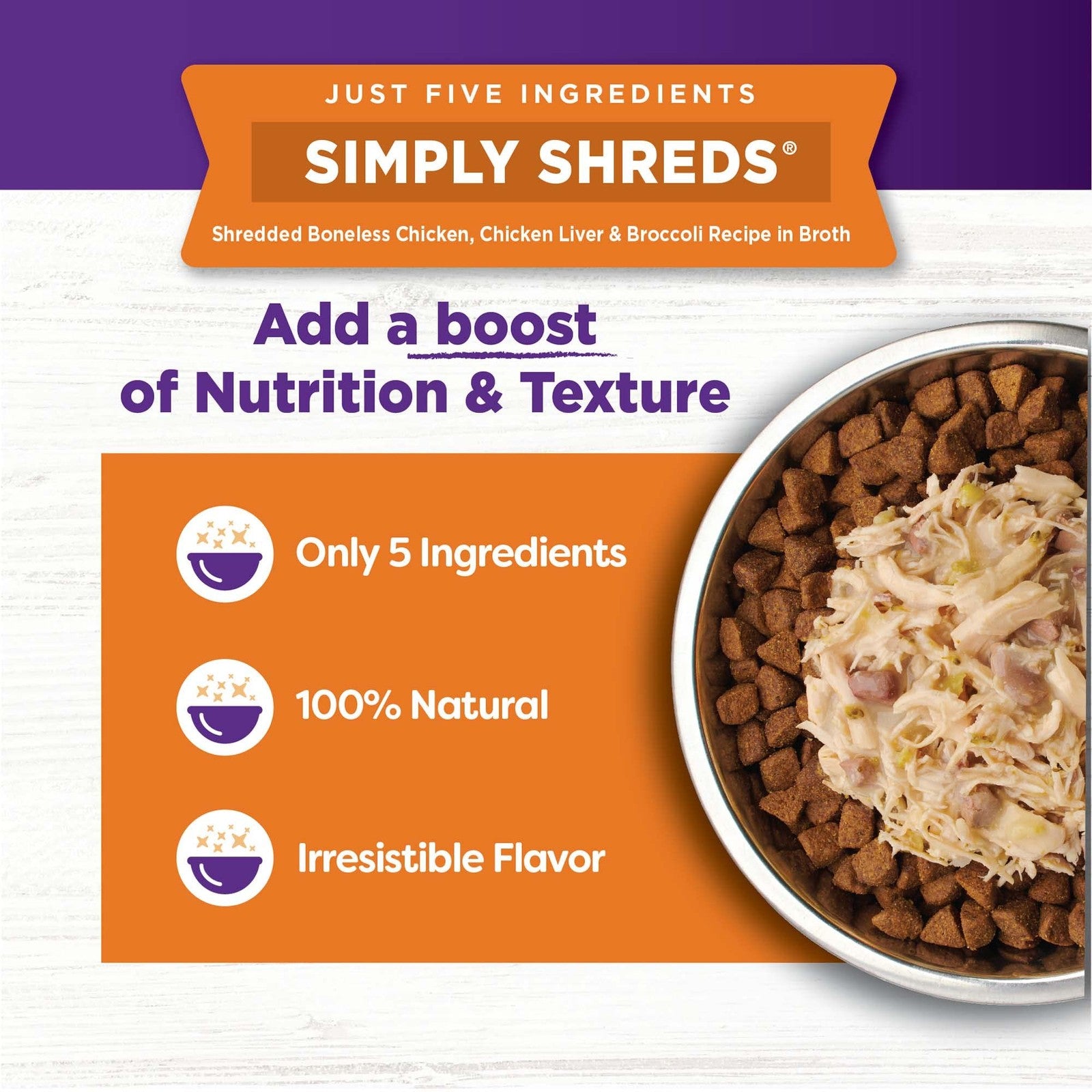 Wellness CORE Simply Shreds natural grain-free wet dog food mixer with chicken and beef, showing shredded meat in a bowl.