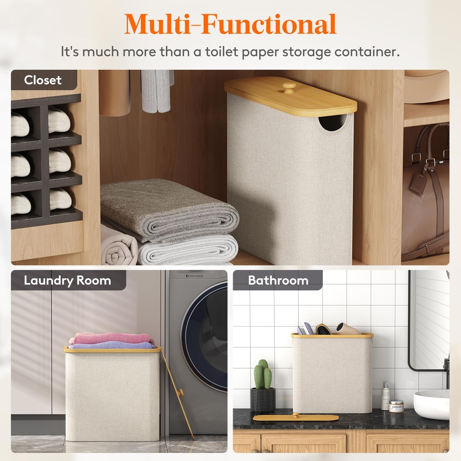Lifewit free-standing toilet paper storage holder with bamboo accents, designed for 9 to 12 rolls, showcasing its sleek design and capacity.