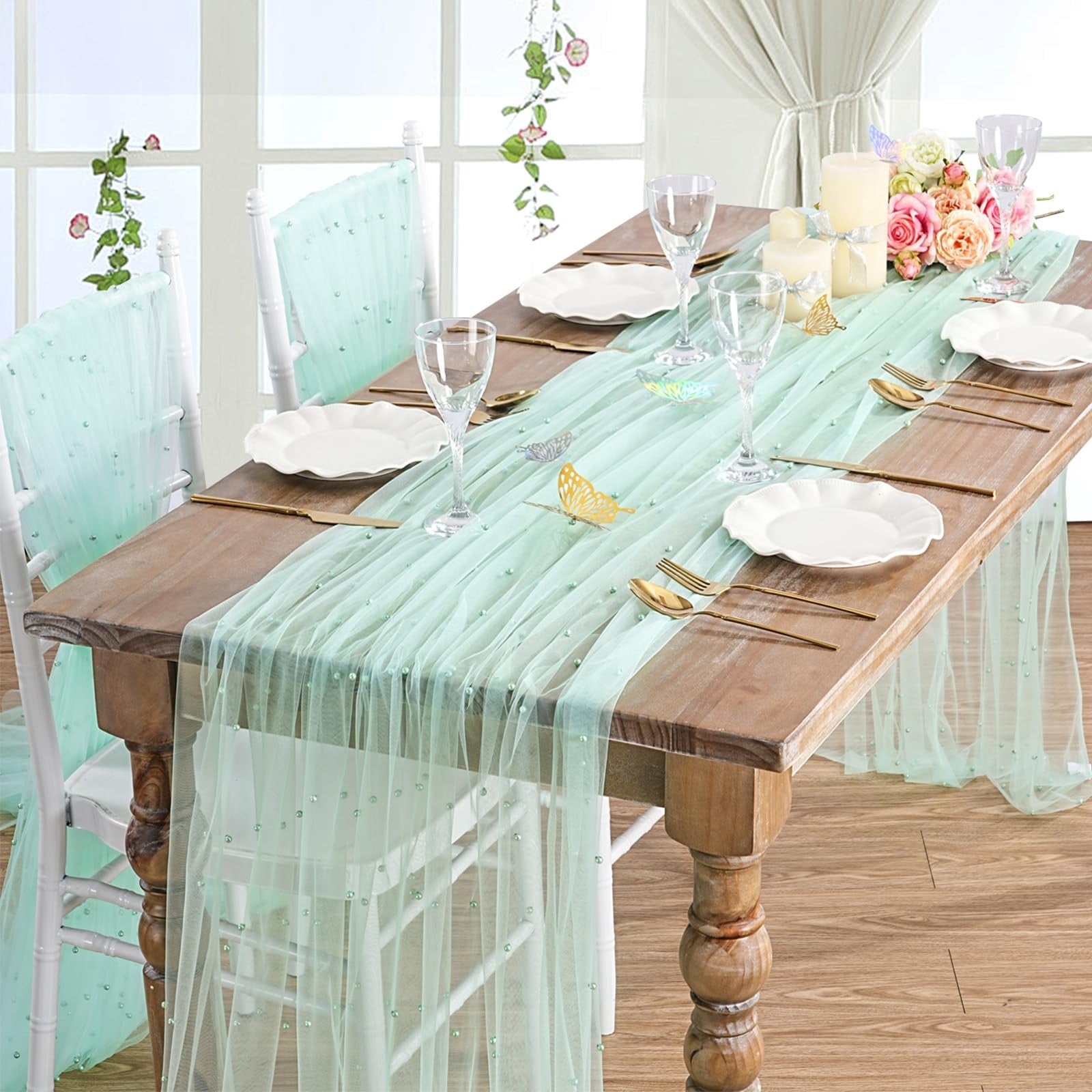 Light green pearl tulle fabric by B-COOL, 10 yards of sheer mesh material for sewing and DIY craft projects.