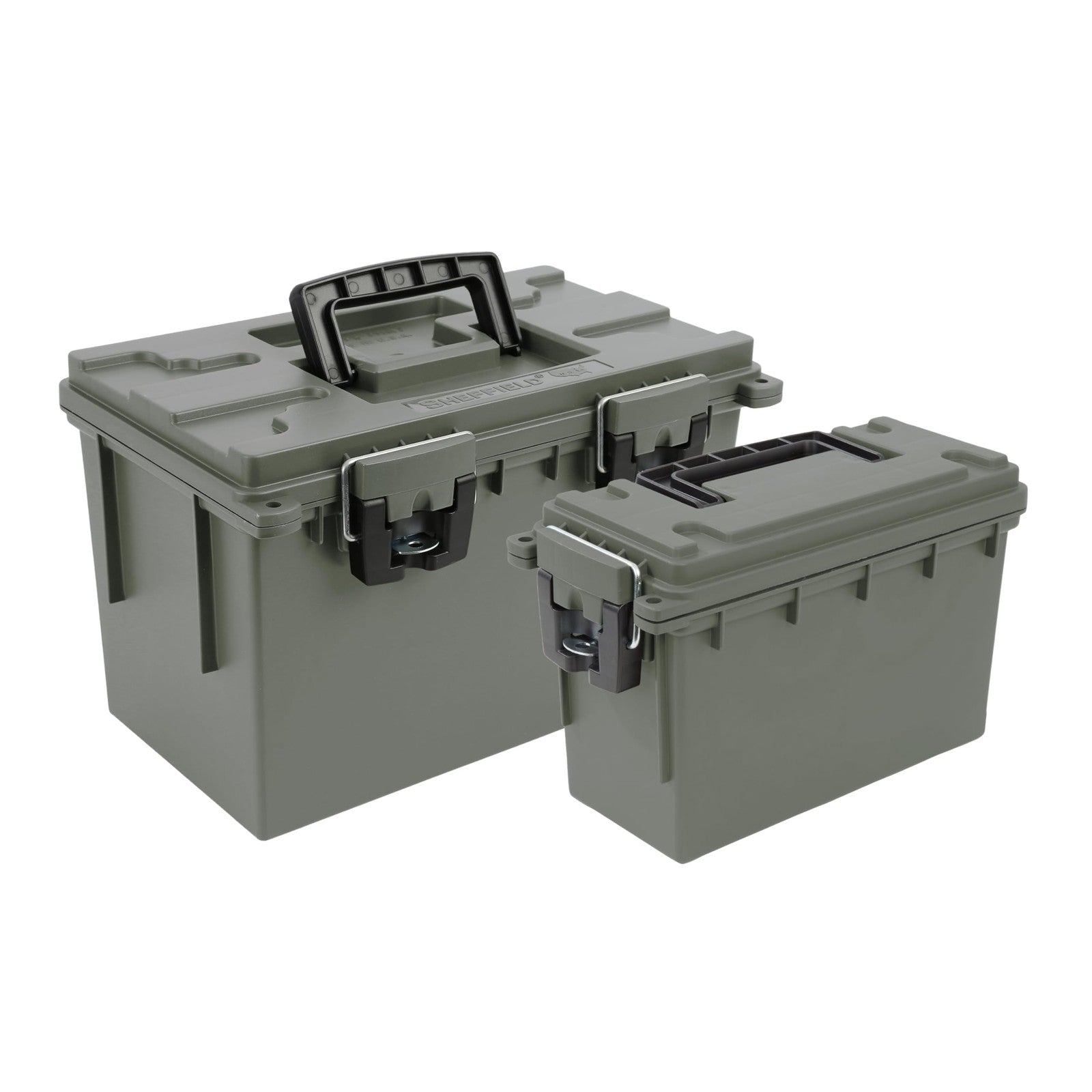 Sheffield 12713 stackable storage bins with lids, 2-pack, made in the USA, showing clear plastic bins with secure lids for organization.