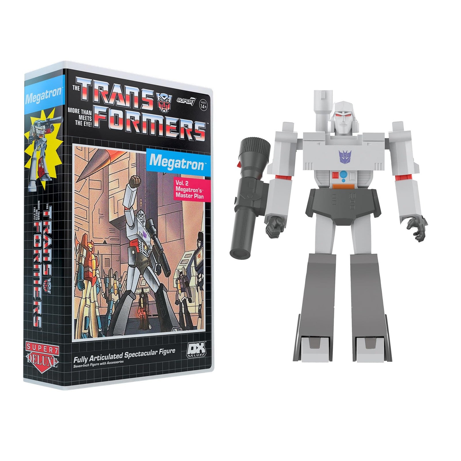 Super7 Transformers Deluxe Megatron action figure, 7-inch size, with detailed robot design and VHS-inspired packaging.