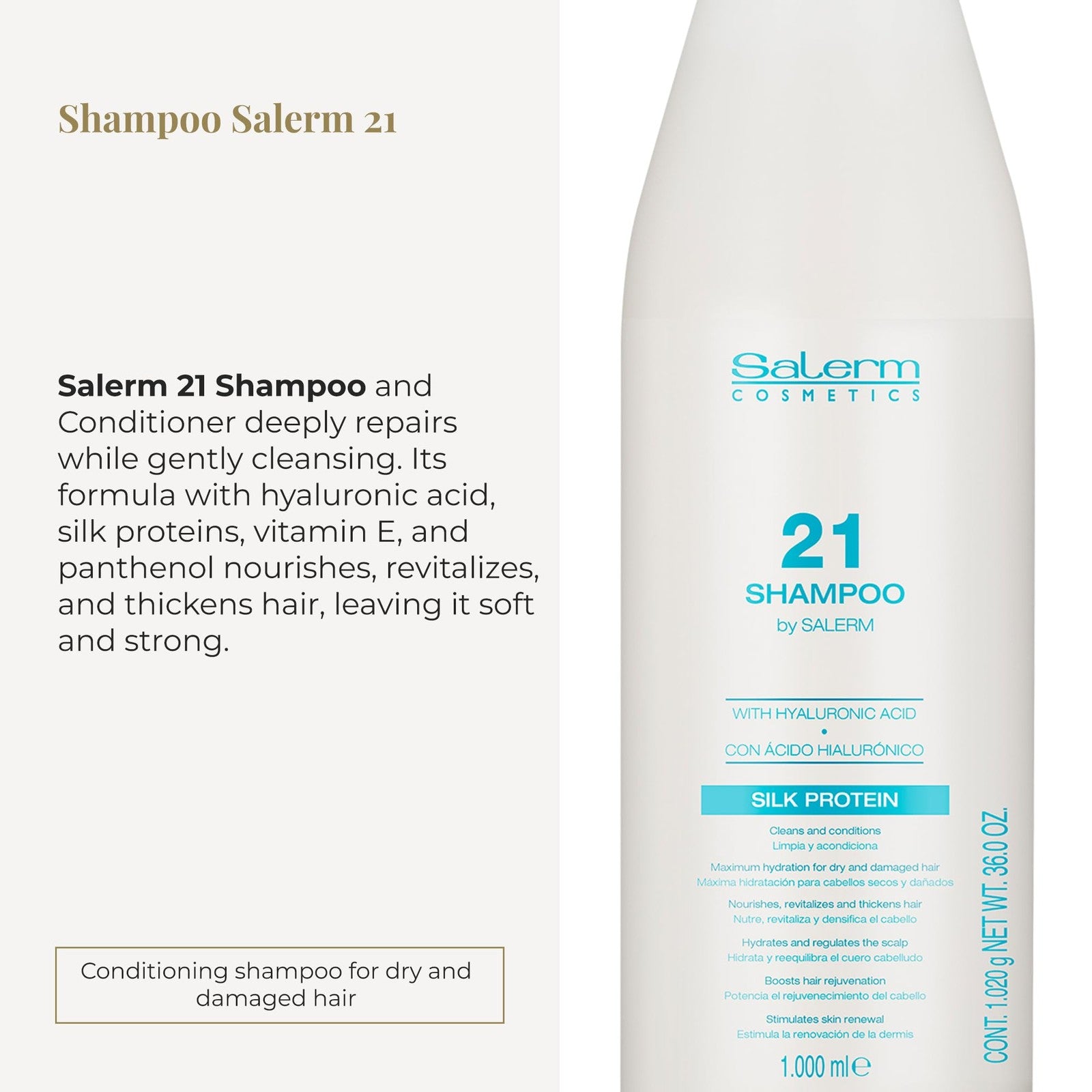Salerm Hydrating Shampoo with 21 Silk Protein for dry and damaged hair, showing the large 1000 ml bottle with label.