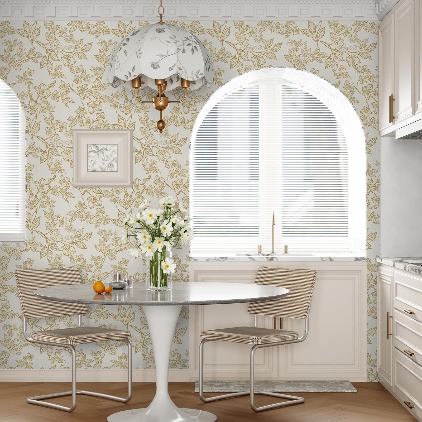 Ismoon floral wallpaper peel and stick vintage flower design in beige and gold, showing a close-up of the textured contact paper.