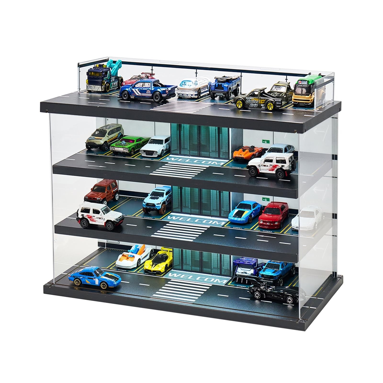 GALUMO 1/64 scale display case for Hot Wheels and Matchbox cars with LED lighting, showcasing colorful toy cars inside.