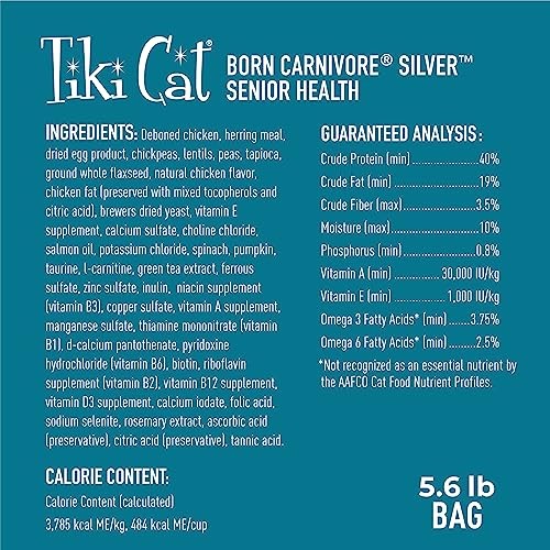Tiki Pets Tiki Cat Silver Senior Health dry cat food with chicken and herring in a 5.6lb bag, designed for senior cats.