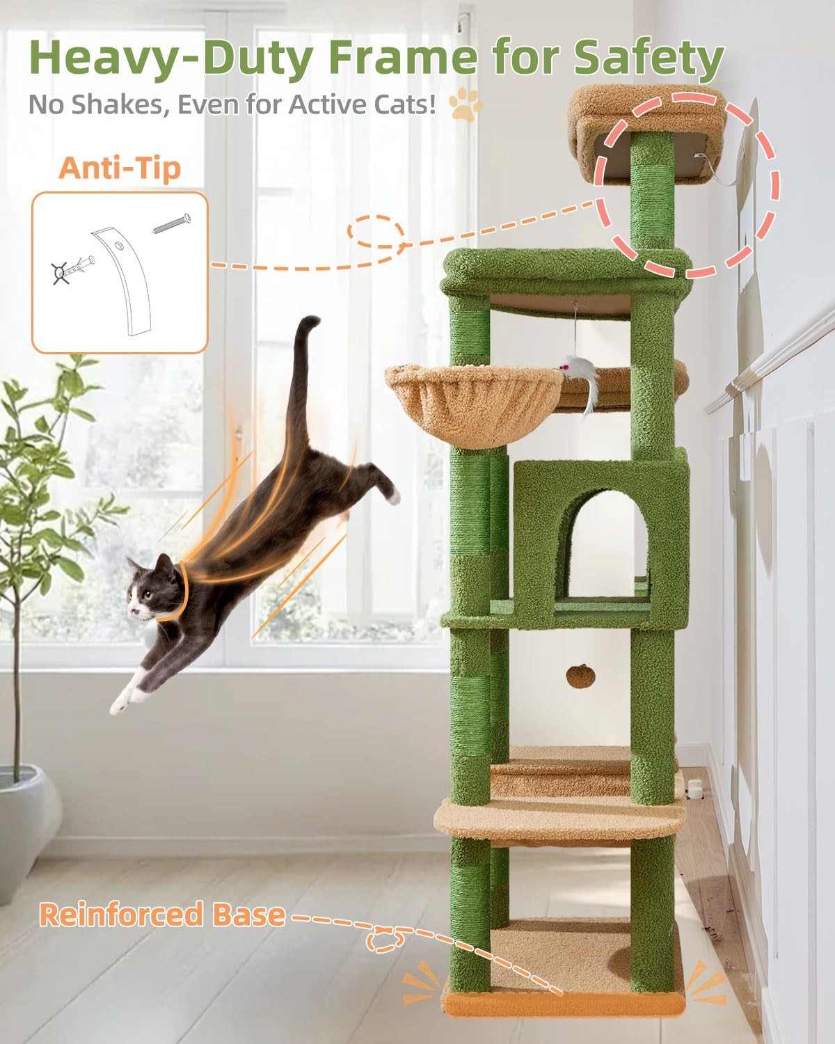 Taoqimiao 71-inch multi-level cat tree with three large perches for big cats up to 20 lbs, featuring cozy resting spots.