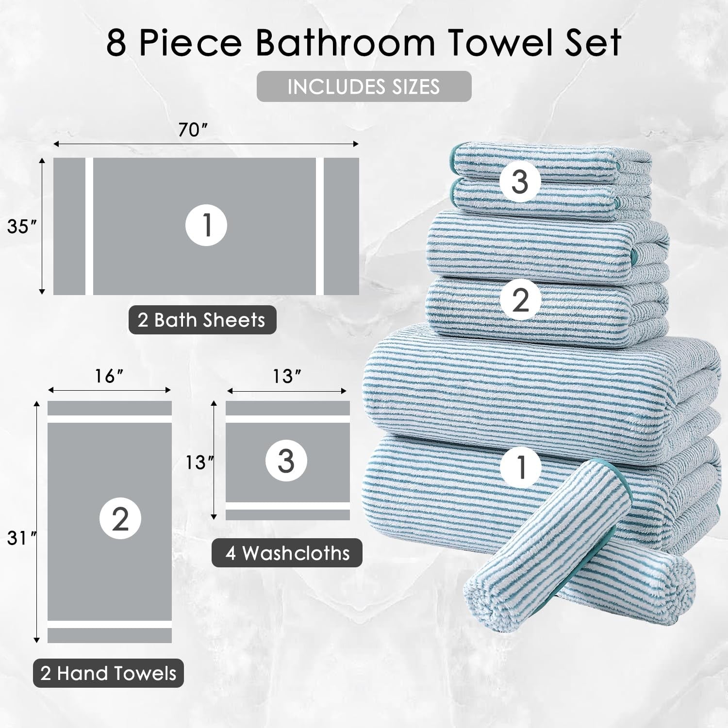 Jessy Home 8-piece bathroom towel set with oversized bath sheets and hand towels, soft and absorbent cotton for everyday use.
