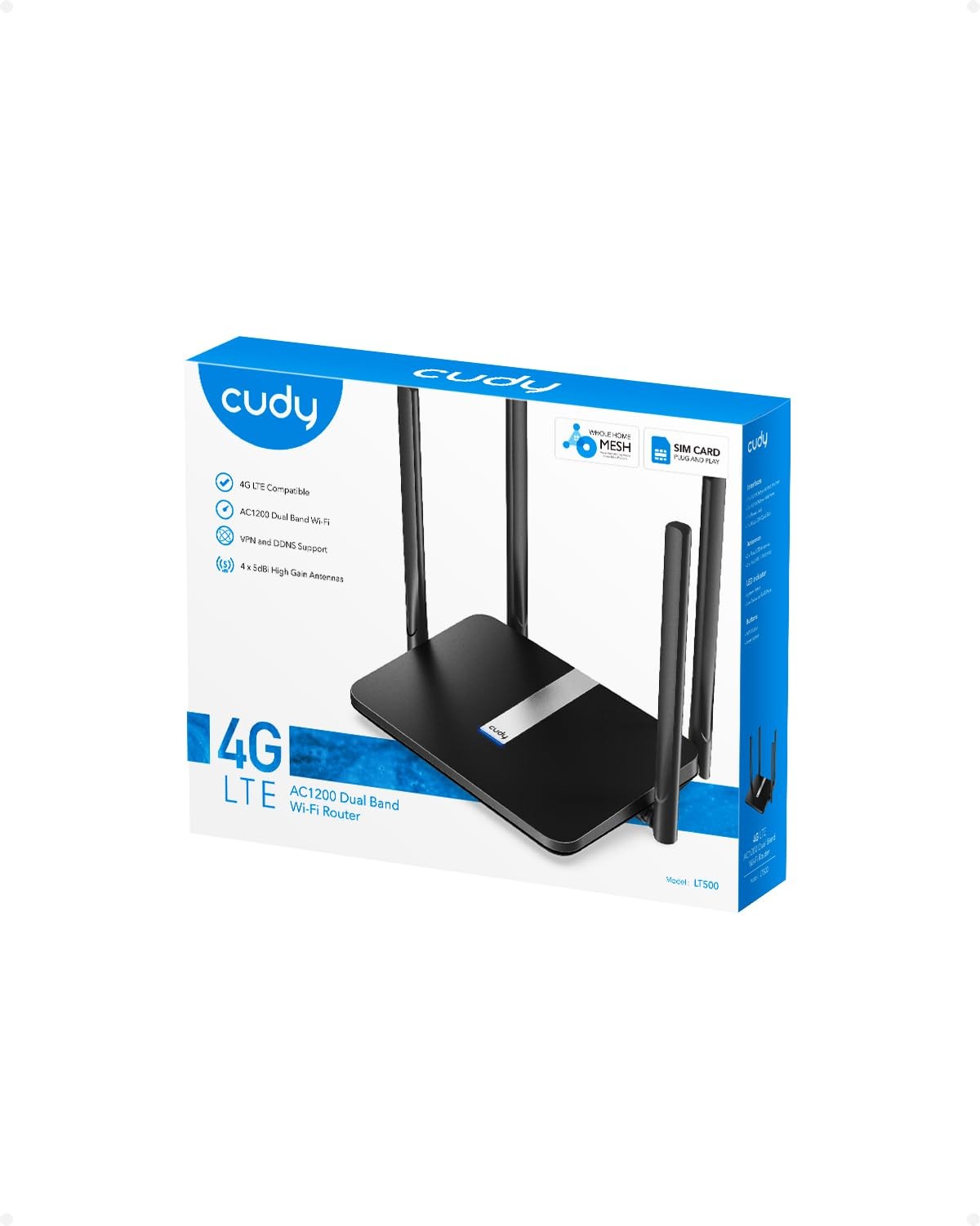 Unbranded Cudy AC1200 dual-band 4G LTE modem router with SIM card slot, supporting 1200Mbps mesh Wi-Fi connectivity.