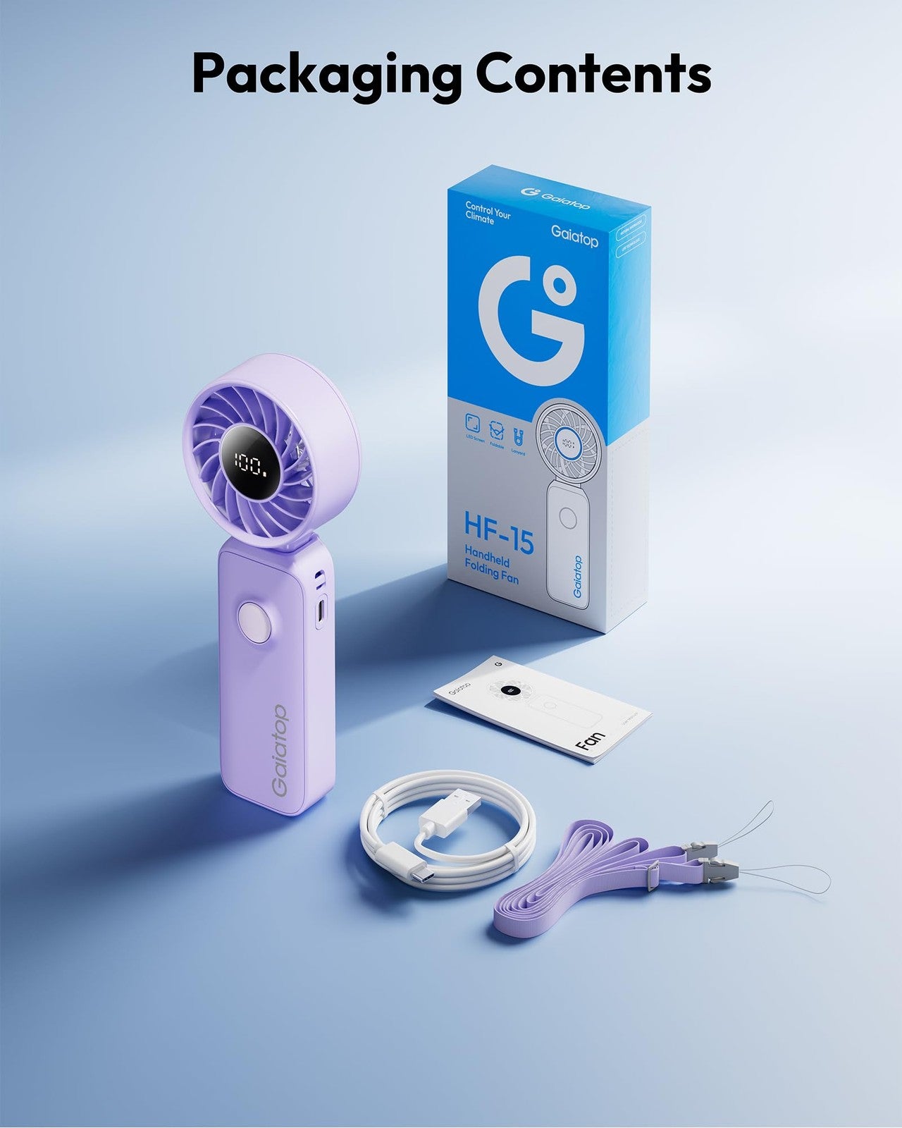 Gaiatop portable handheld fan with 5 speeds, rechargeable battery, 3-in-1 neck design, and up to 18 hours runtime.