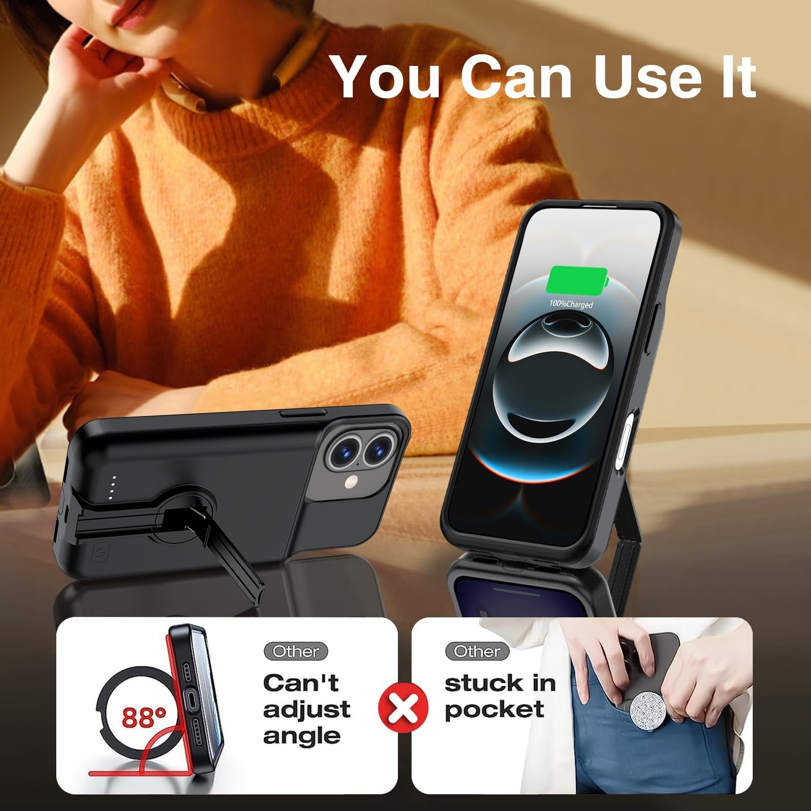 BOPPS 8500mAh iPhone 16/16e battery case with invisible stand charger, showing the sleek black case with integrated stand and charging port